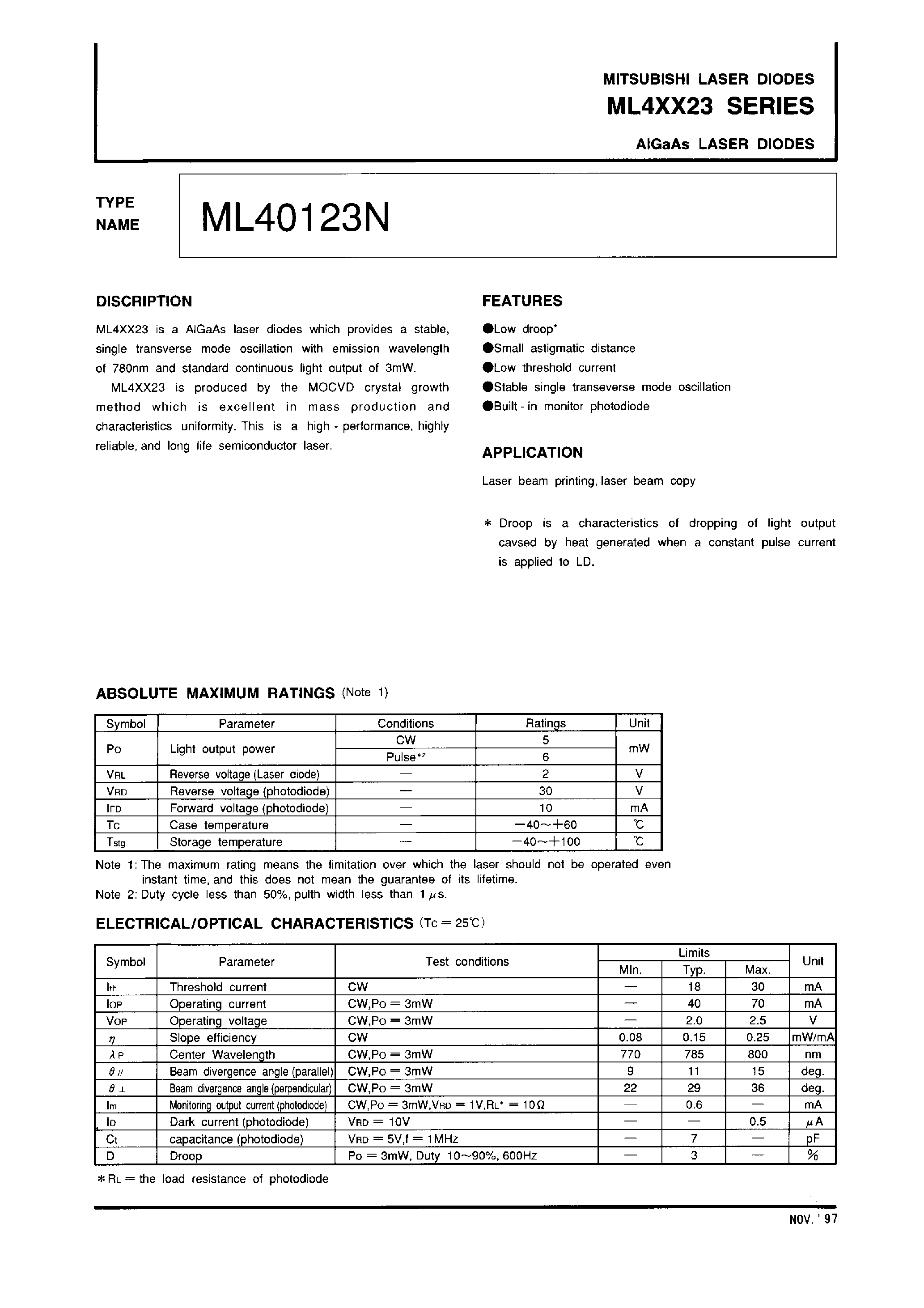 Даташит на микросхему ML40123N страница 1 Даташит ML40123N - AIGaAs LASER DIODES страница 1