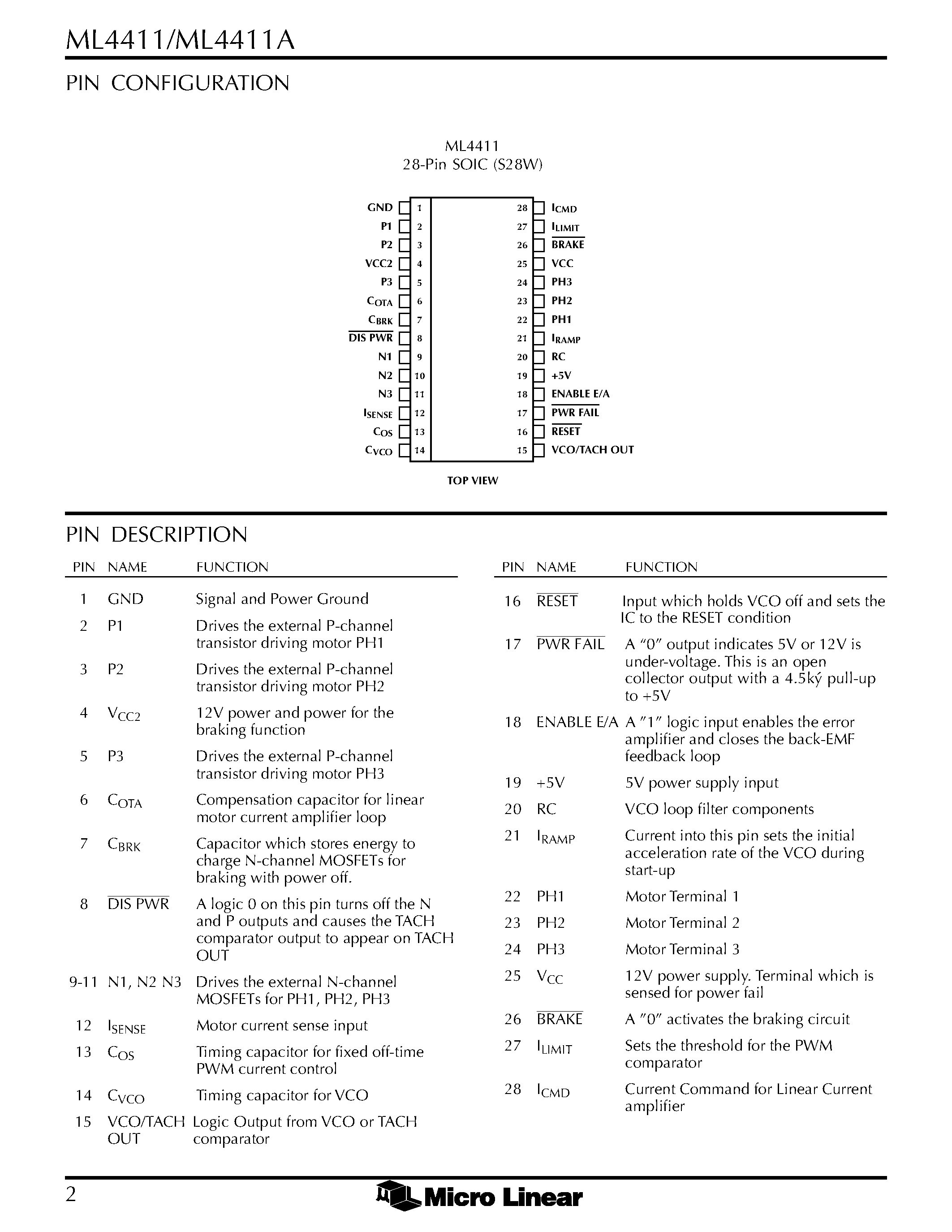 Datasheet ML4411 page 2 Datasheet ML4411 - Sensorless Spindle Motor Controller page 2