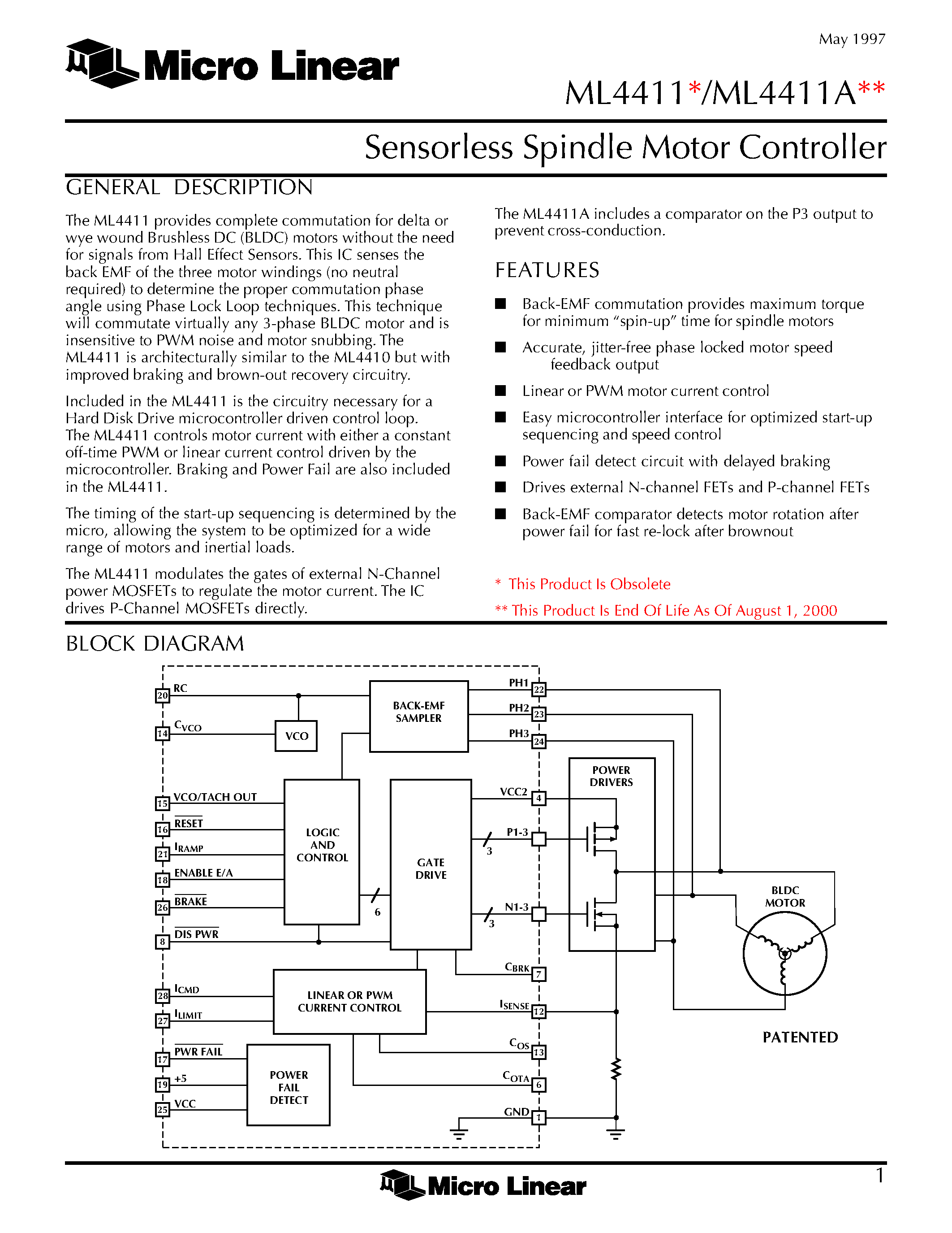 Datasheet ML4411ACS page 1 Datasheet ML4411ACS - Sensorless Spindle Motor Controller page 1