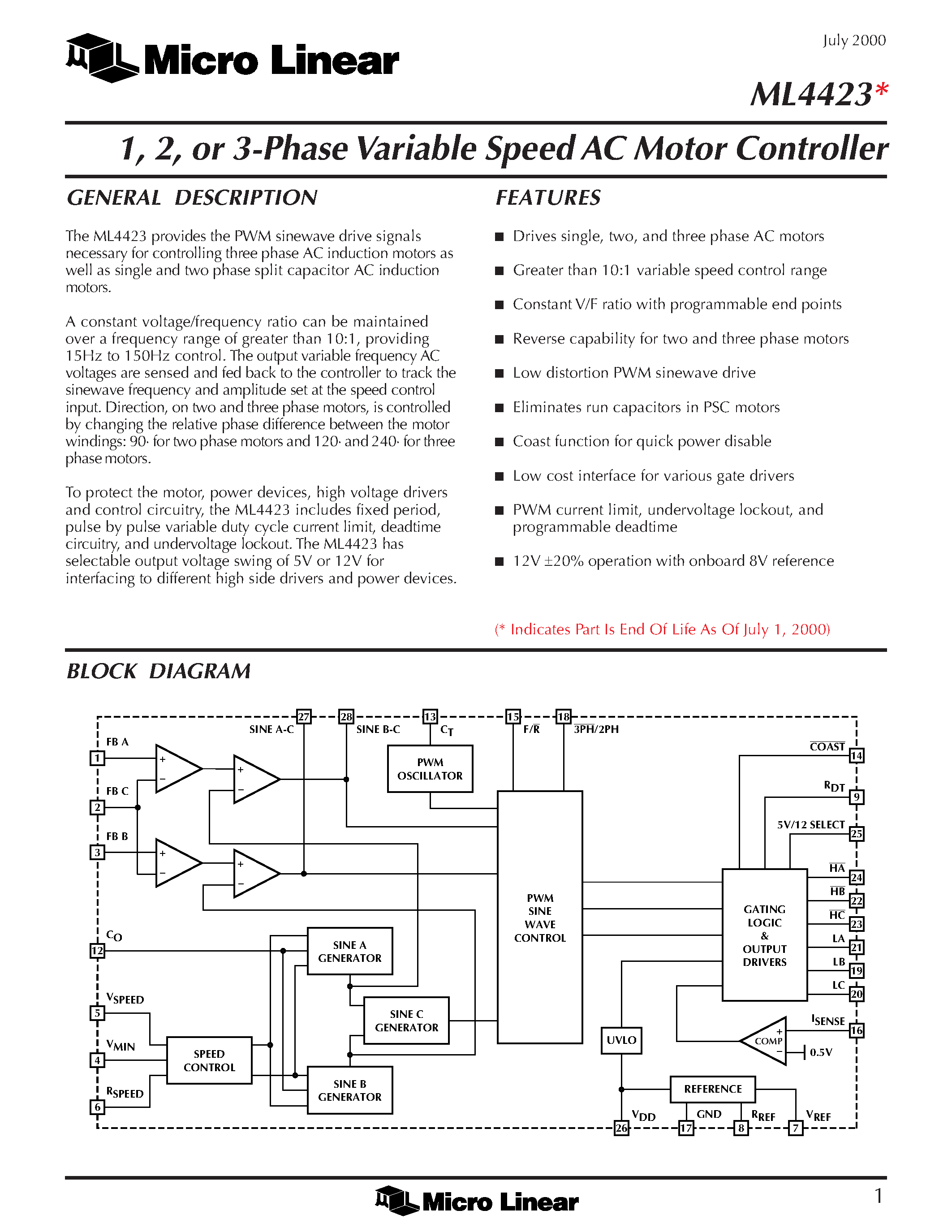 Datasheet ML4423IS - 1 / 2 / or 3-Phase Variable Speed AC Motor Controller page 1