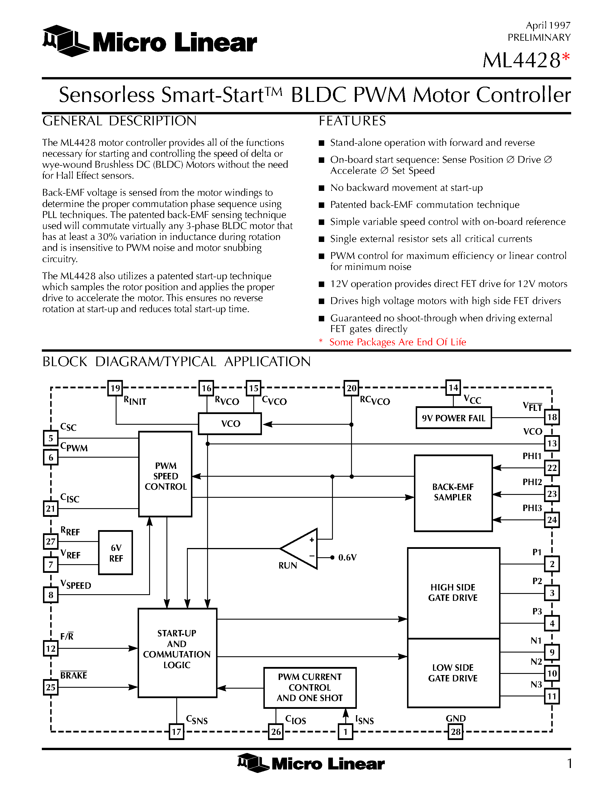 Даташит на микросхему ML4428 страница 1 Даташит ML4428 - Sensorless Smart-Start BLDC PWM Motor Controller страница 1