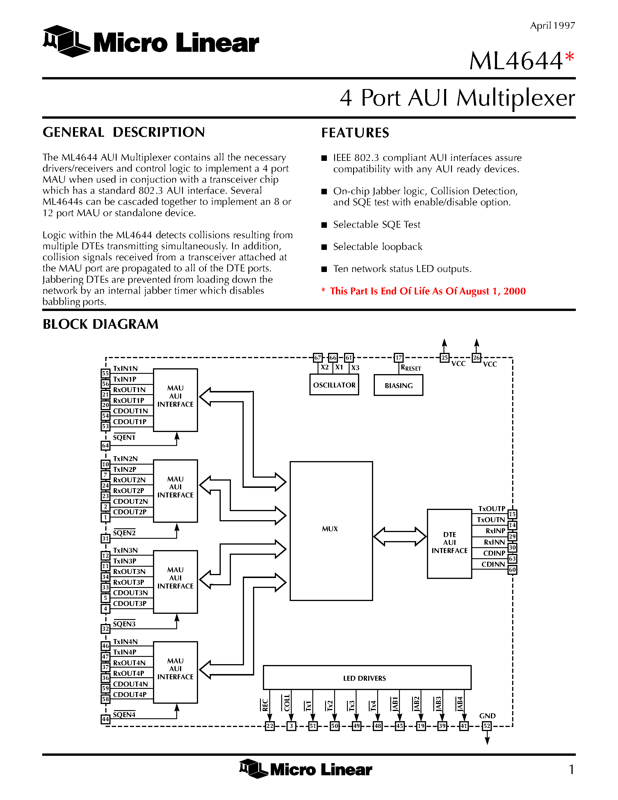 Datasheet ML4644 - 4 Port AUI Multiplexer page 1