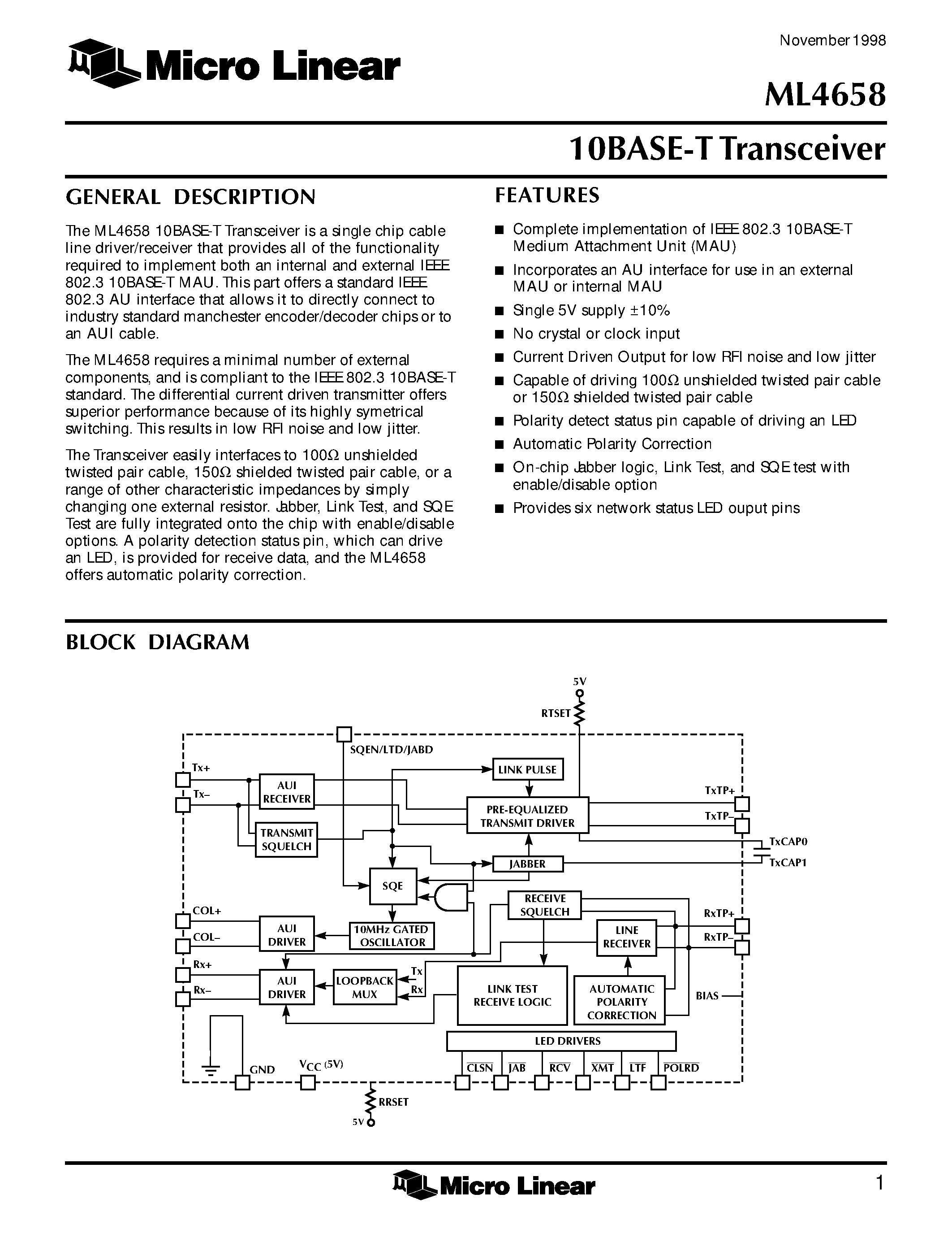Даташит на микросхему ML4658 страница 1 Даташит ML4658 - 10BASE-T Transceiver страница 1