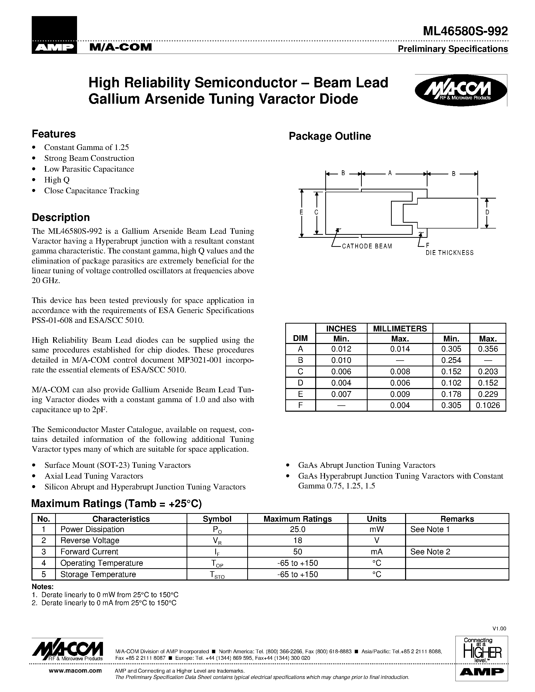 Datasheet ML46580S-992 page 1 Datasheet ML46580S-992 - High Reliability Semiconductor . Beam Lead Gallium Arsenide Tuning Varactor Diode page 1