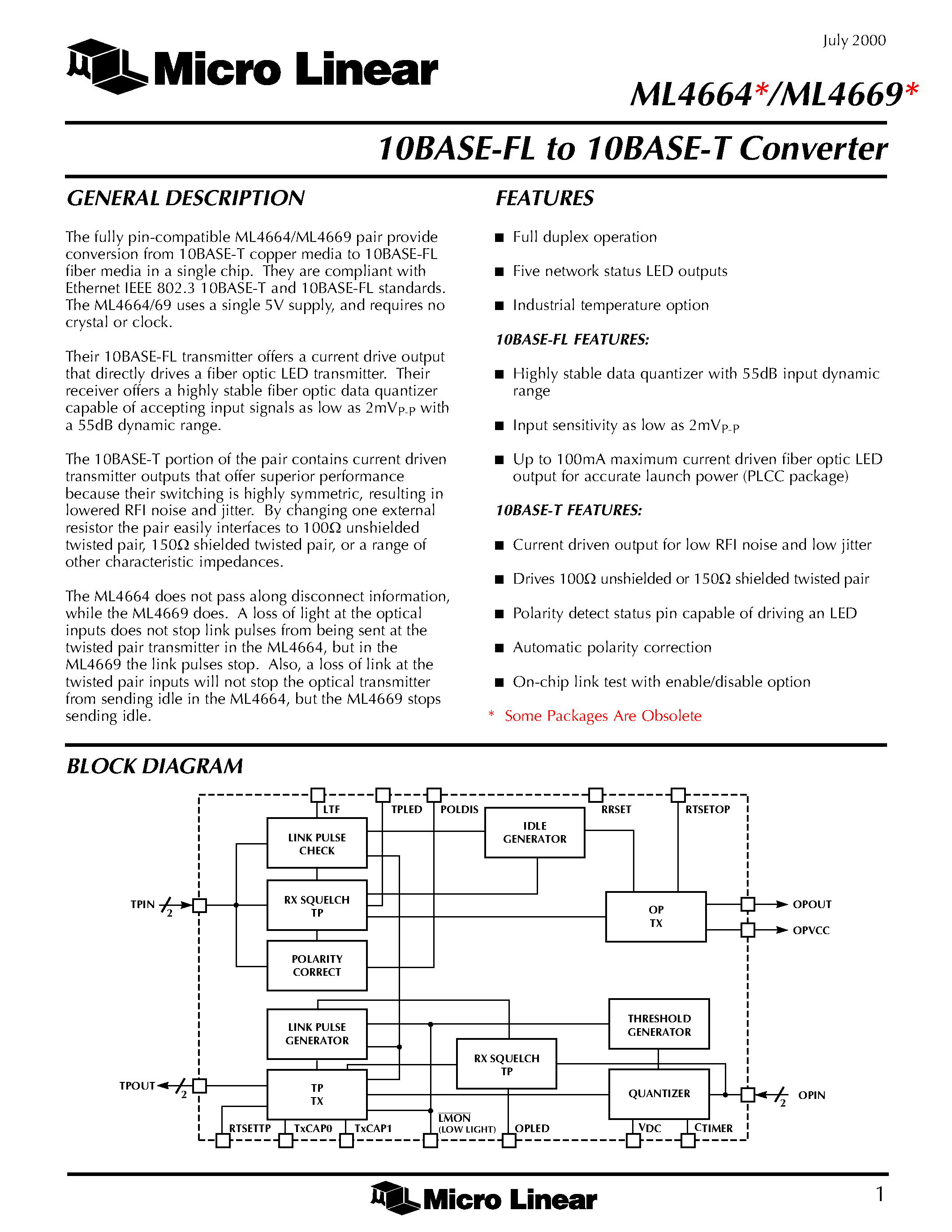Даташит ML4669CQ - 10BASE-FL to 10BASE-T Converter страница 1
