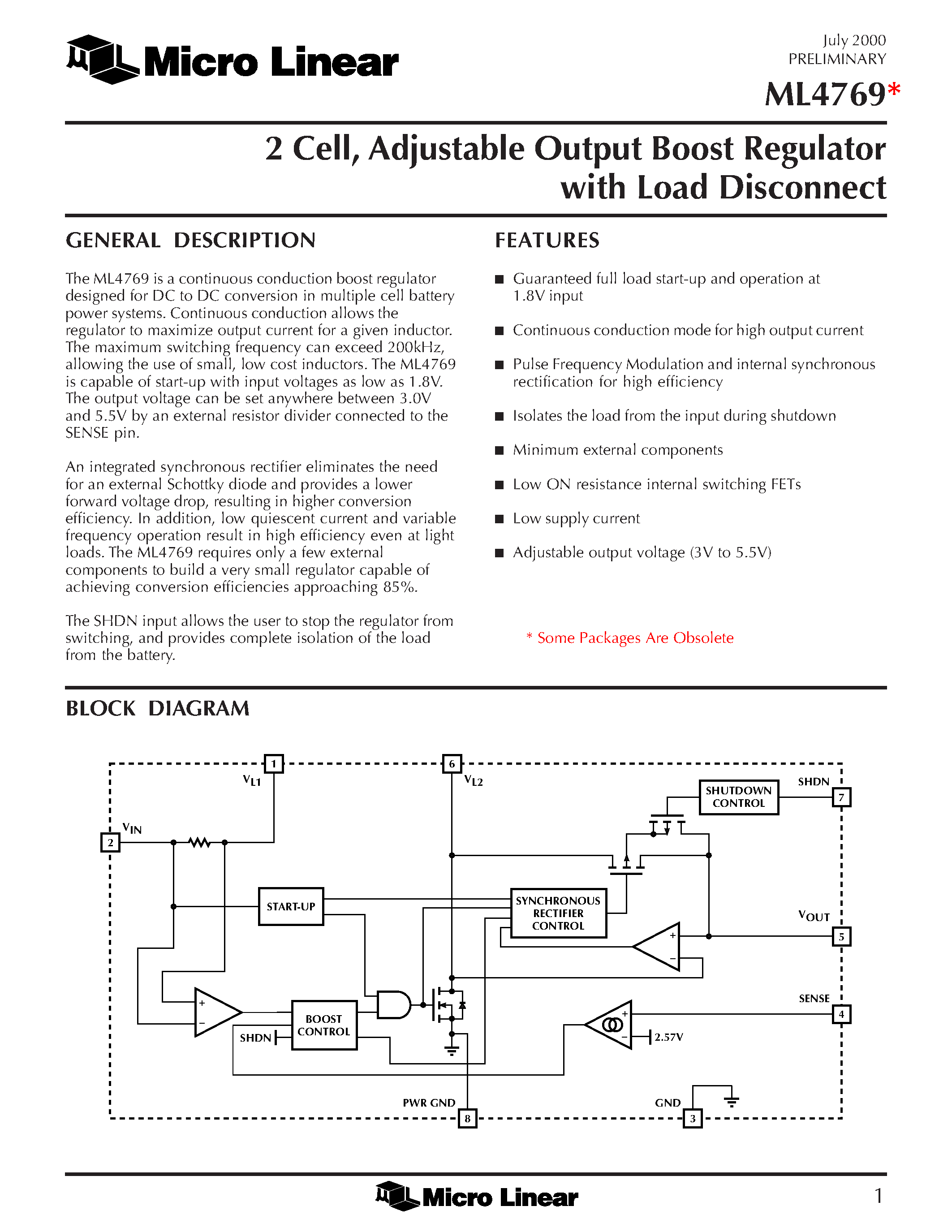 Datasheet ML4769 - 2 Cell / Adjustable Output Boost Regulator with Load Disconnect page 1