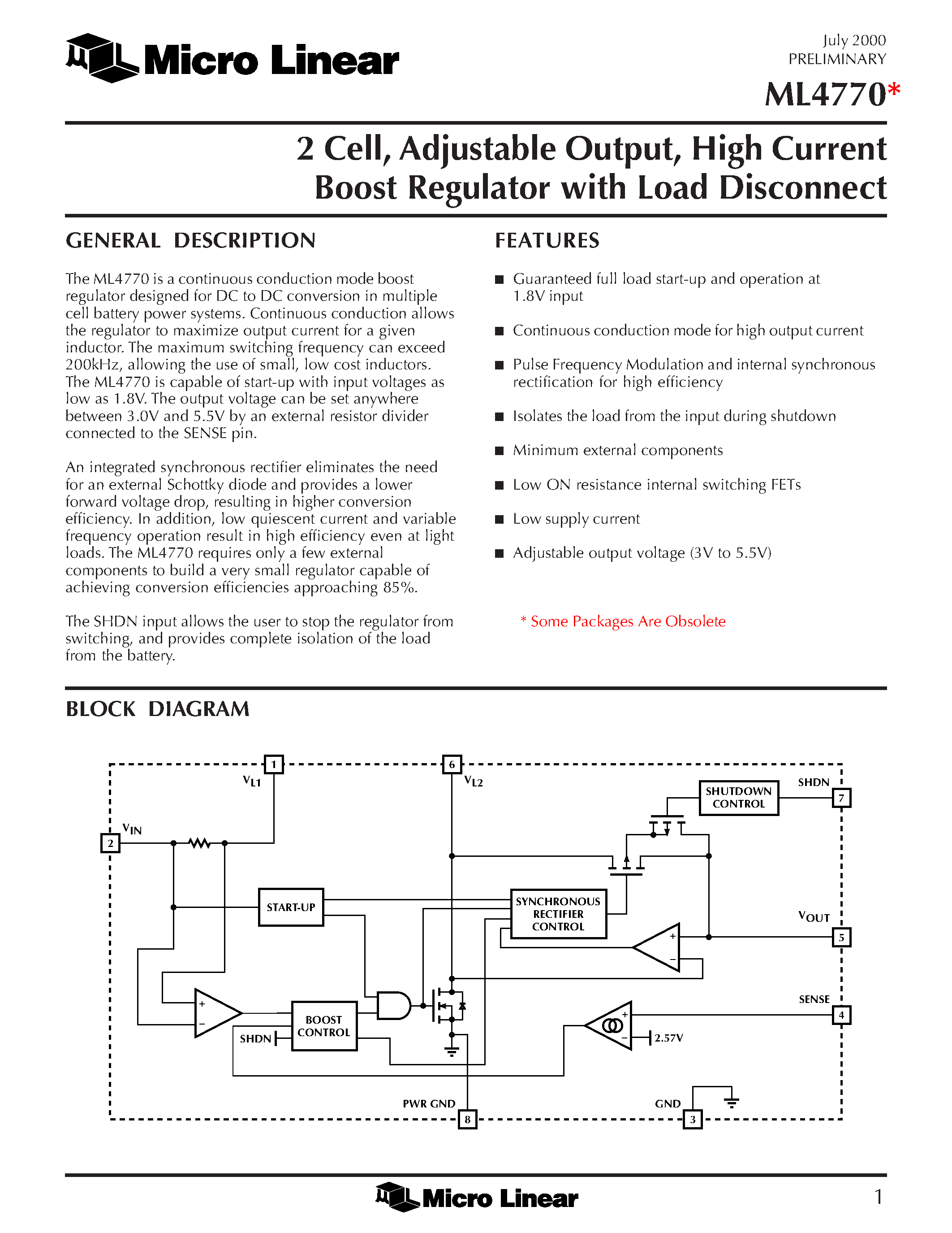 Datasheet ML4770 - 2 Cell / Adjustable Output / High Current Boost Regulator with Load Disconnect page 1