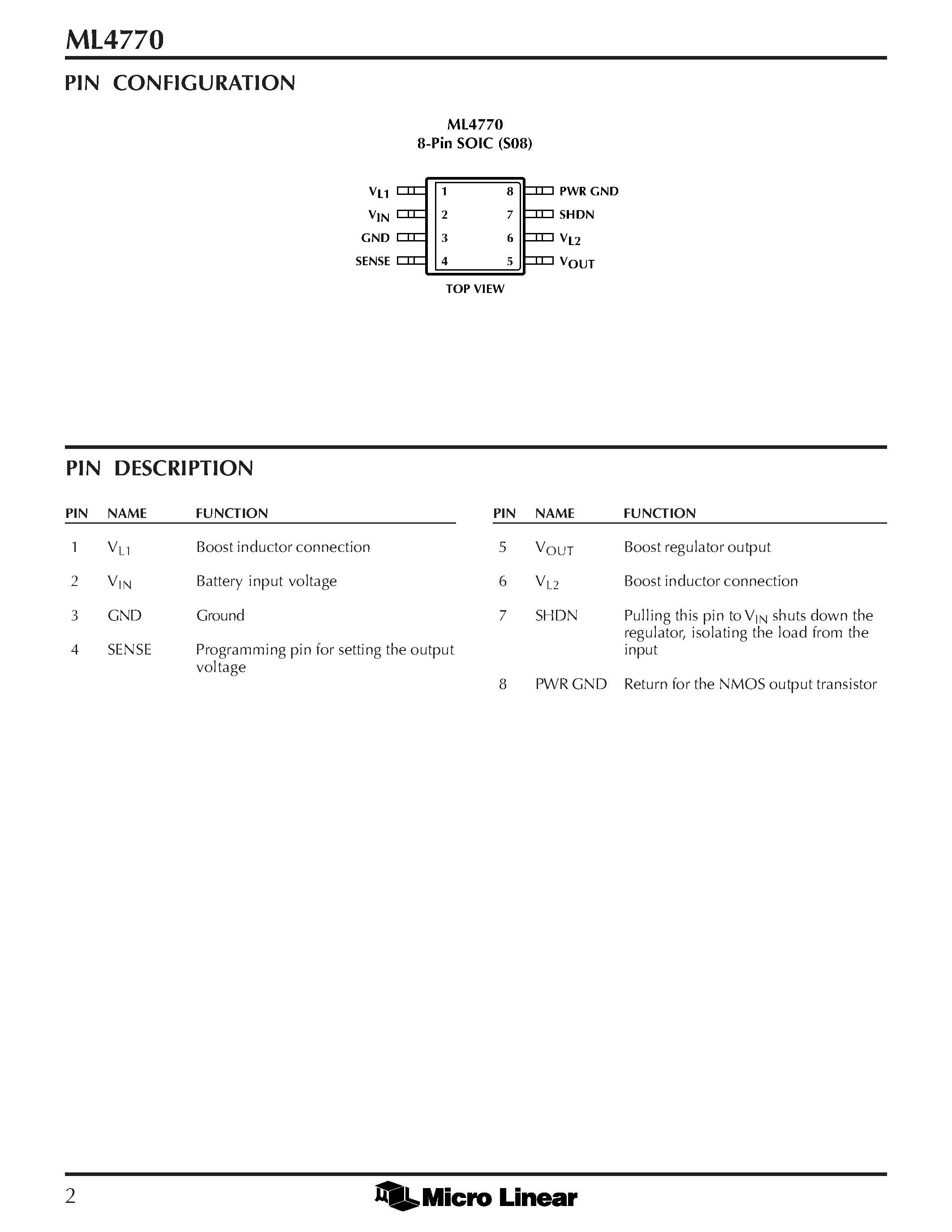 Datasheet ML4770 - 2 Cell / Adjustable Output / High Current Boost Regulator with Load Disconnect page 2
