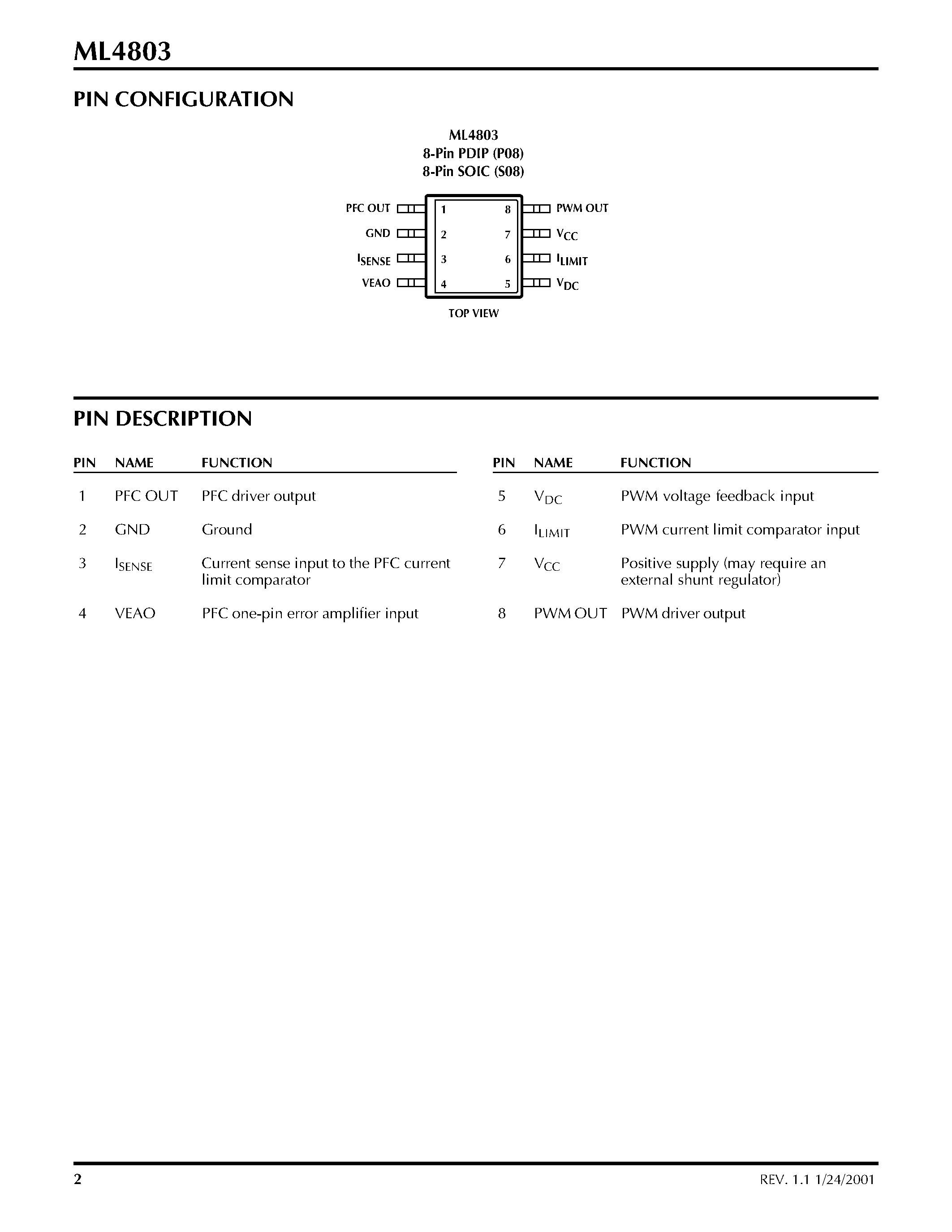 Datasheet ML4803CS-1 - 8-Pin PFC and PWM Controller Combo page 2