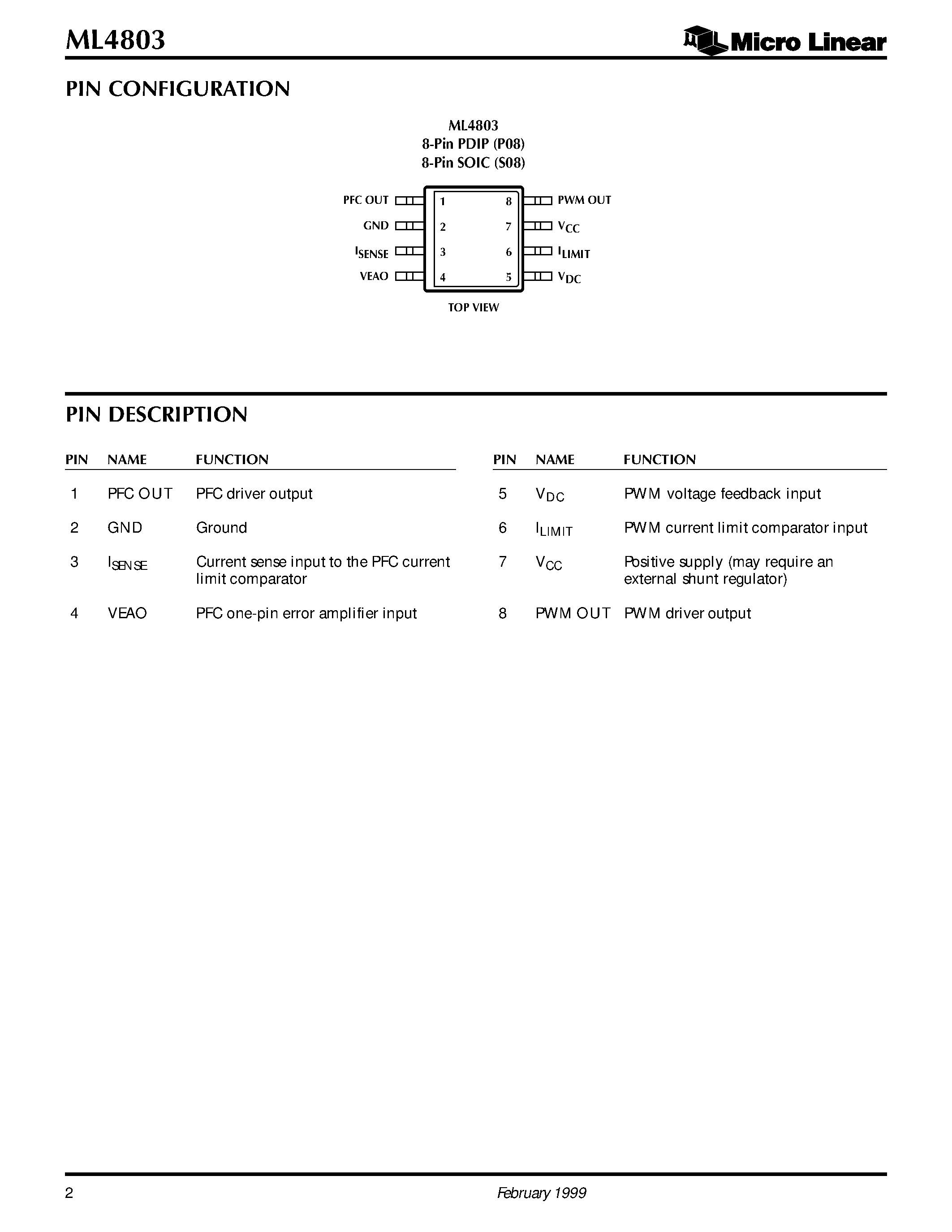 Datasheet ML4803CS-2 - 8-Pin PFC and PWM Controller Combo page 2