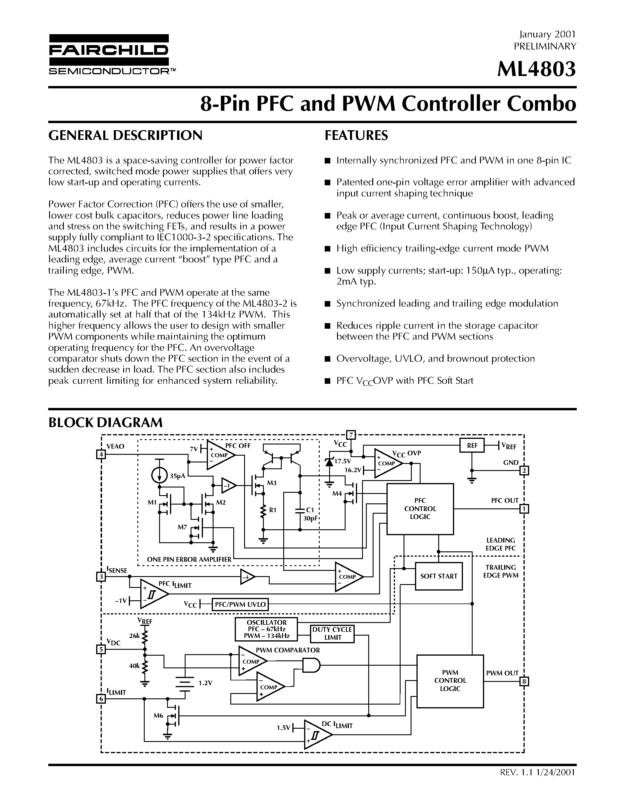 Datasheet ML4803IP-1 page 1 Datasheet ML4803IP-1 - 8-Pin PFC and PWM Controller Combo page 1