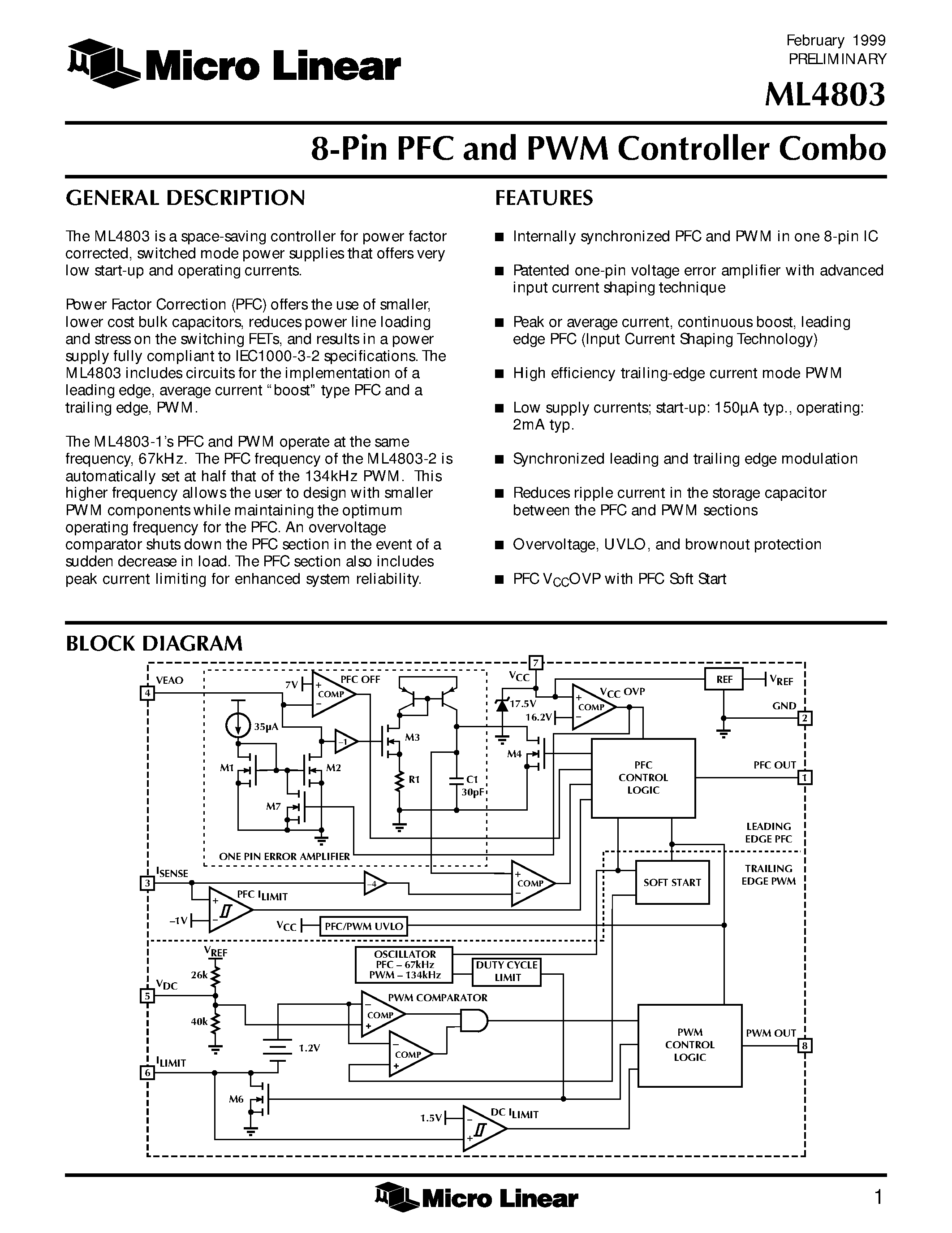 Datasheet ML4803IP-2 - 8-Pin PFC and PWM Controller Combo page 1