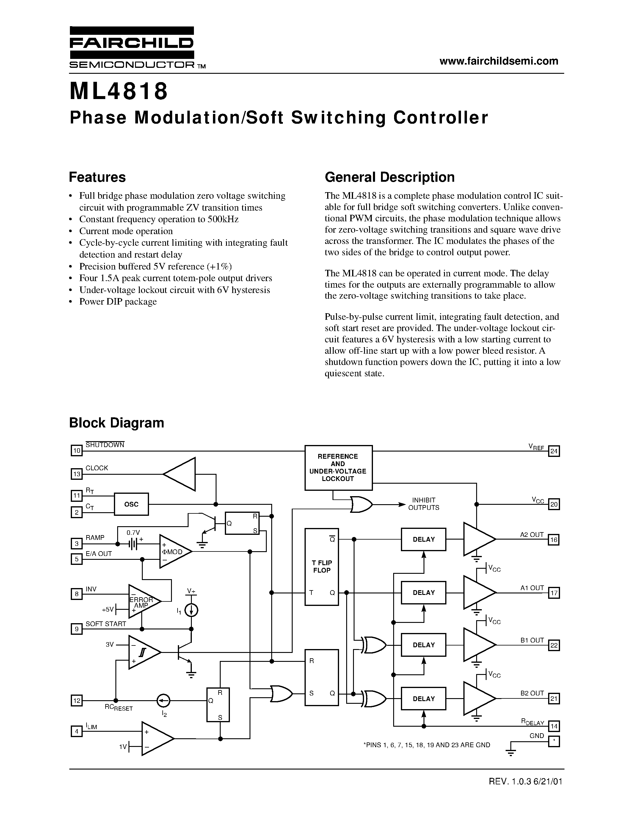 Datasheet ML4818CP page 1 Datasheet ML4818CP - Phase Modulation/Soft Switching Controller page 1