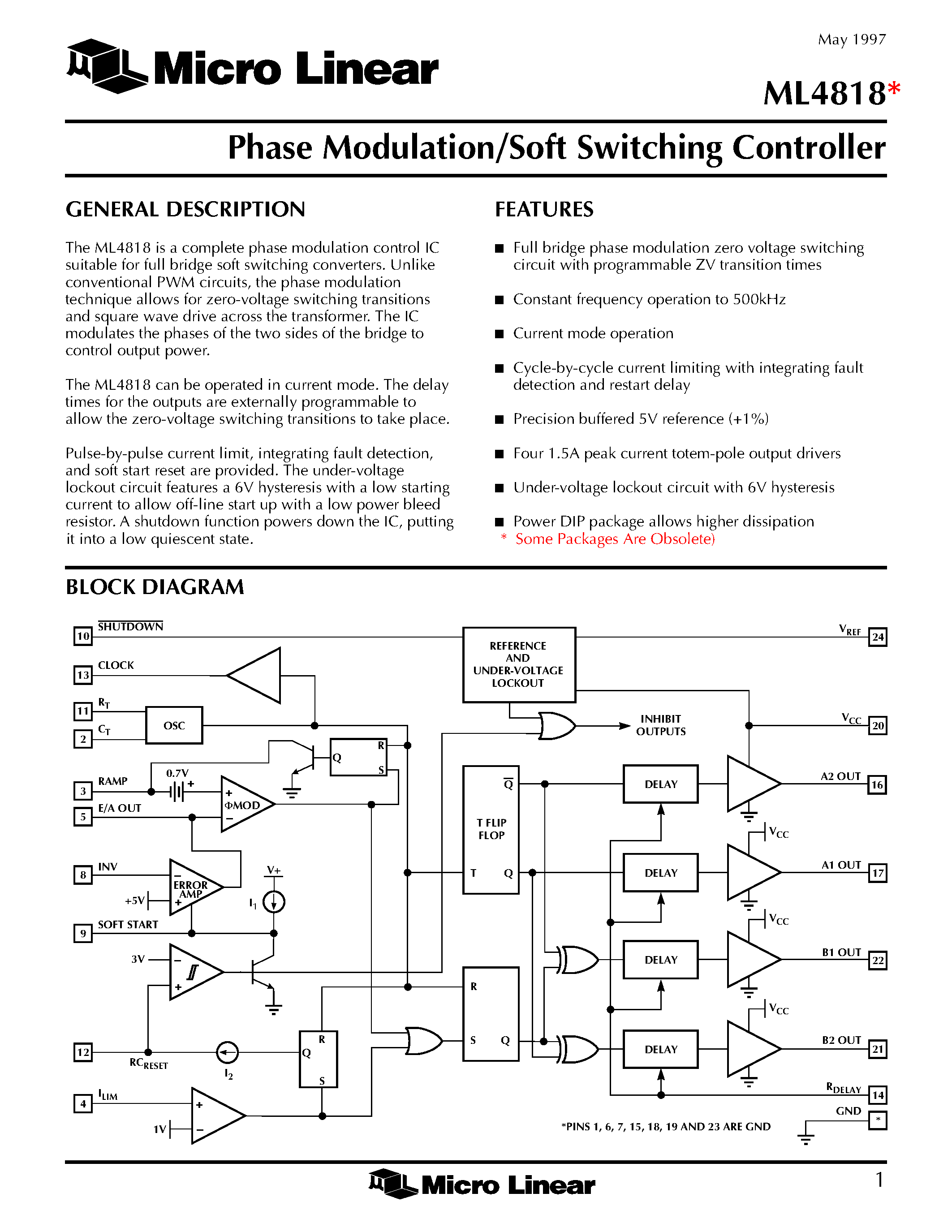 Datasheet ML4818CS page 1 Datasheet ML4818CS - Phase Modulation/Soft Switching Controller page 1