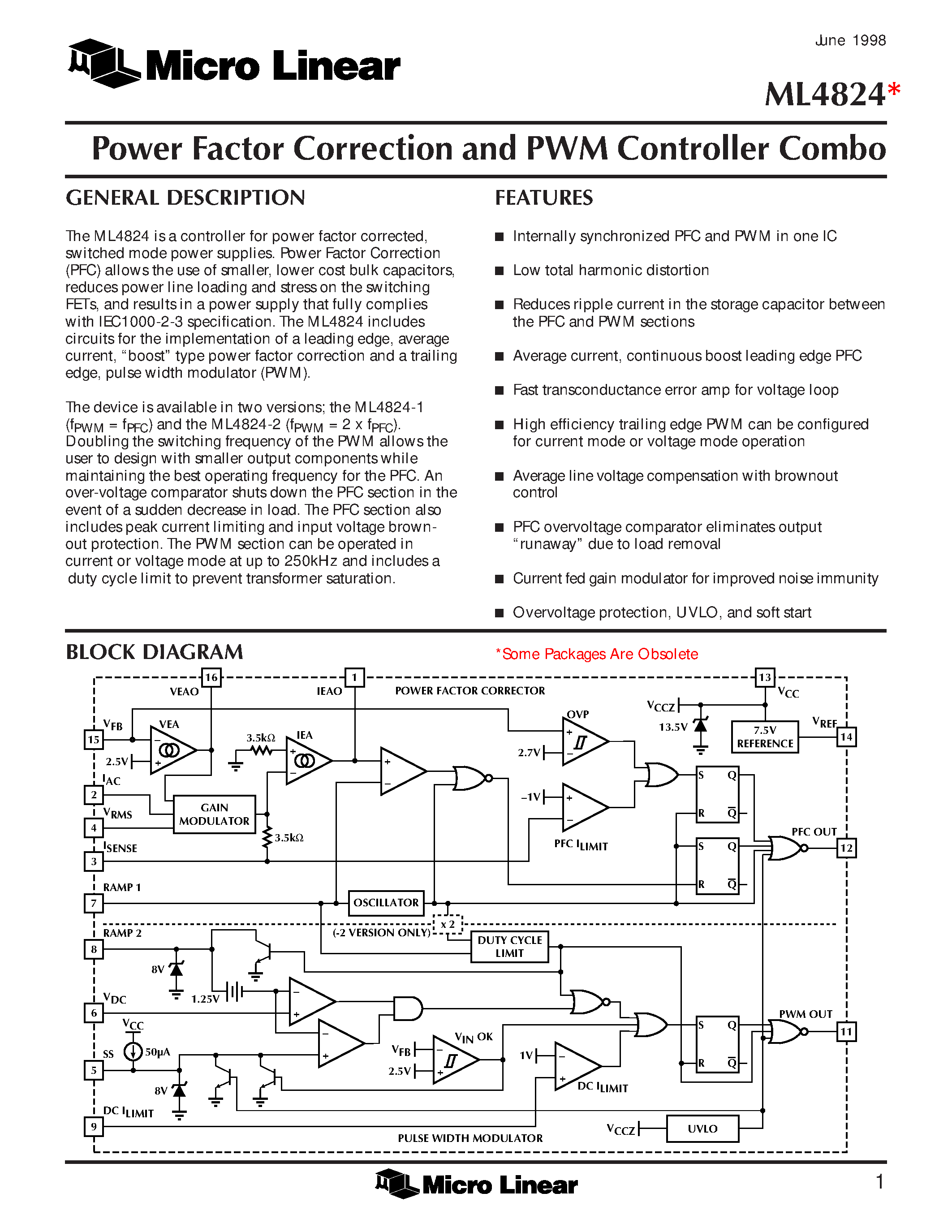 Datasheet ML4824CP-2 page 1 Datasheet ML4824CP-2 - Power Factor Correction and PWM Controller Combo page 1