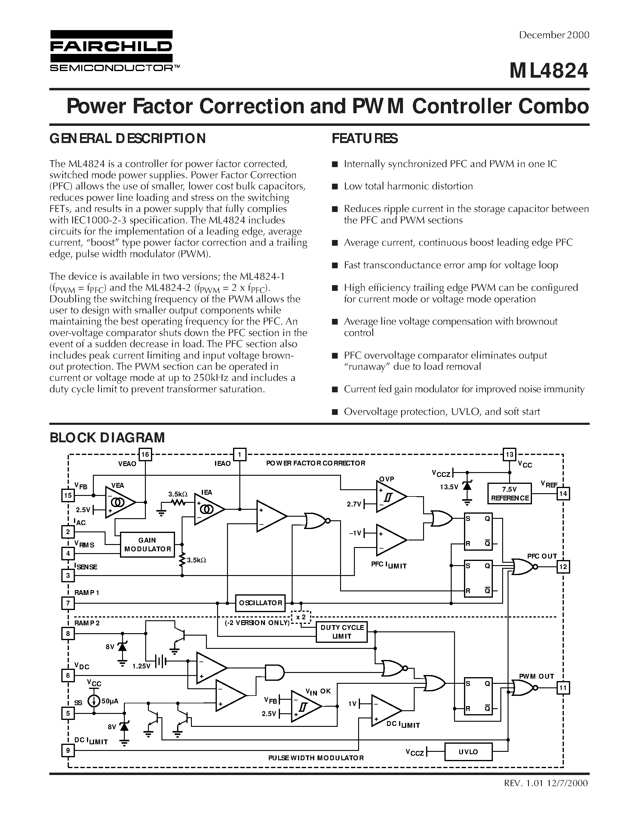 Даташит на микросхему ML4824CS-2 страница 1 Даташит ML4824CS-2 - Power Factor Correction and PWM Controller Combo страница 1