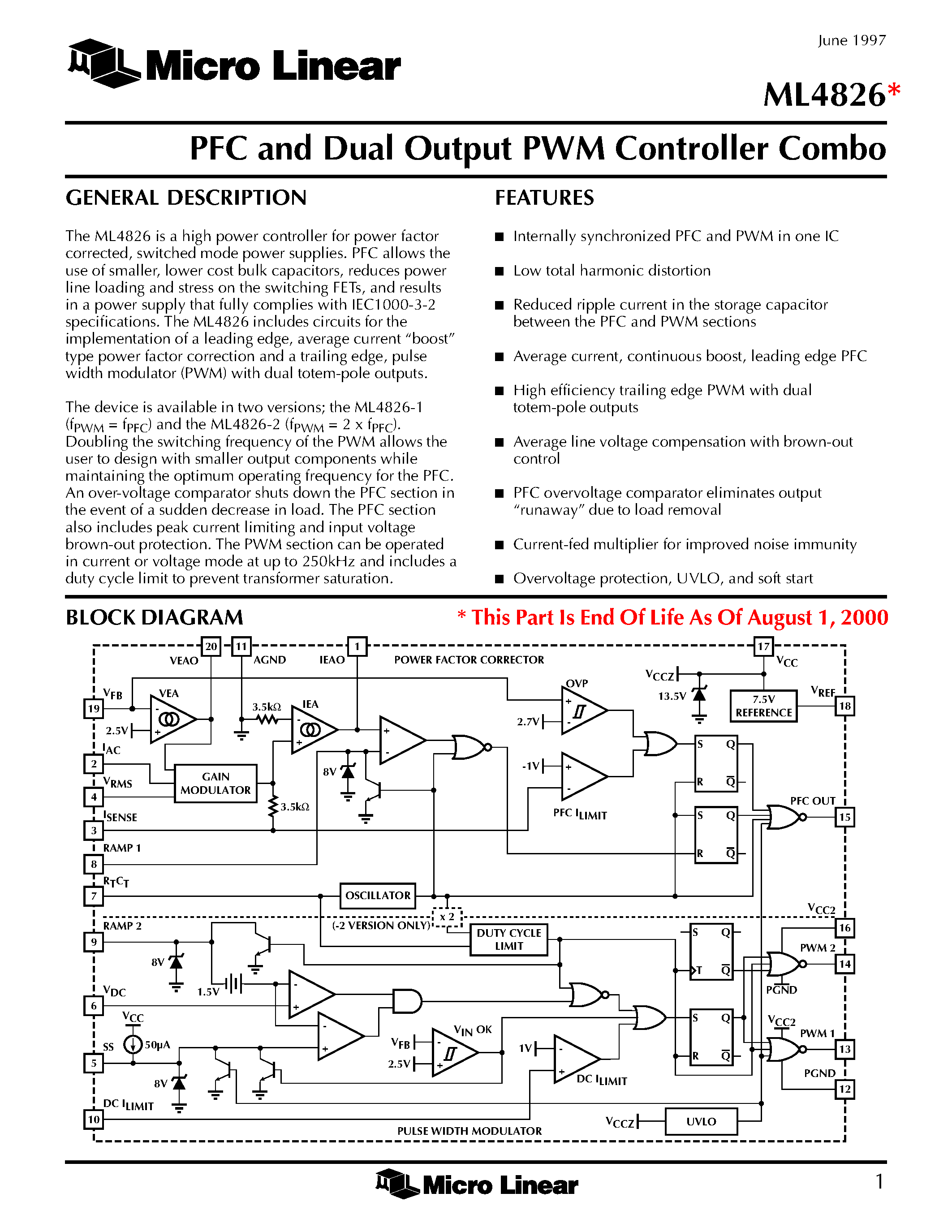 Datasheet ML4826CS-1 page 1 Datasheet ML4826CS-1 - PFC and Dual Output PWM Controller Combo page 1
