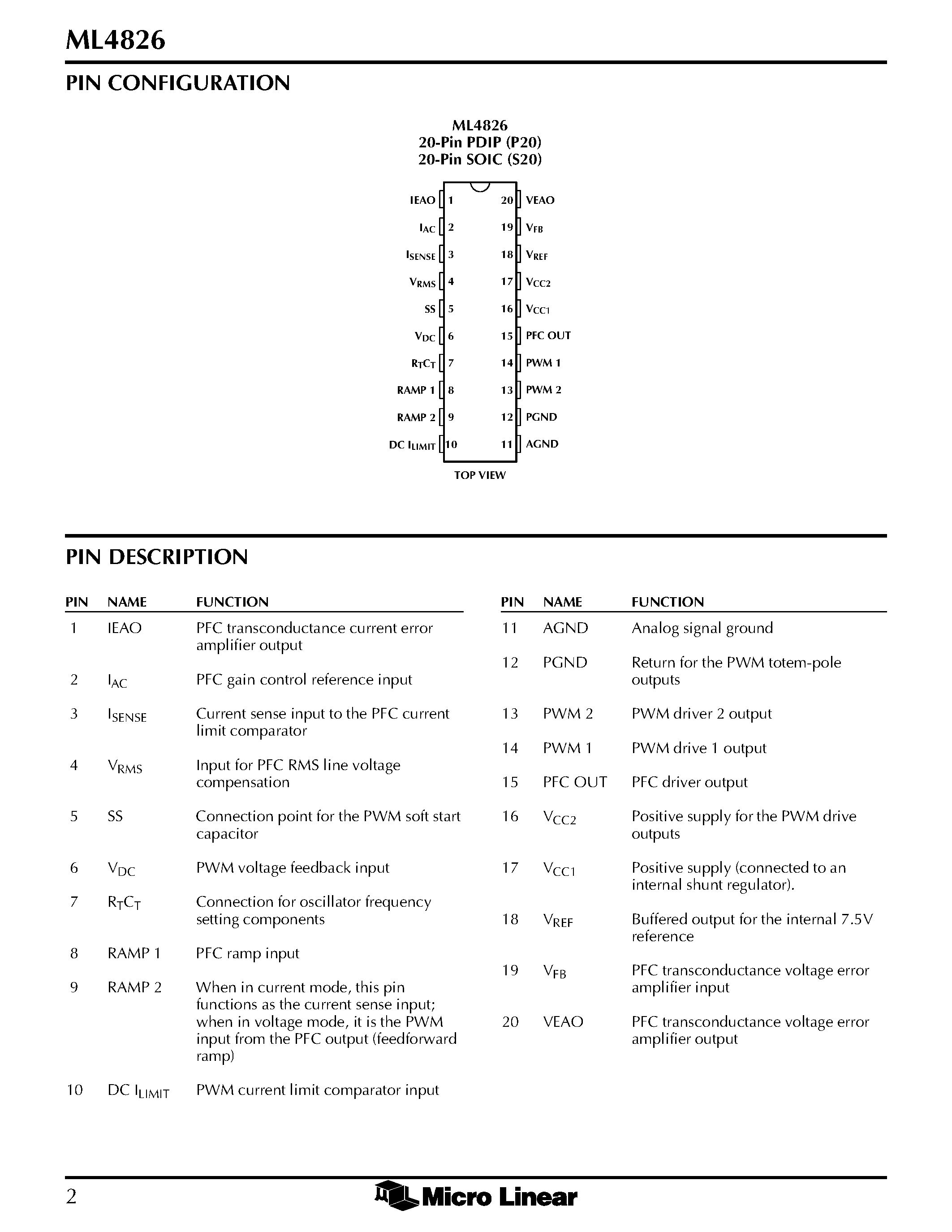 Datasheet ML4826CS-2 - PFC and Dual Output PWM Controller Combo page 2