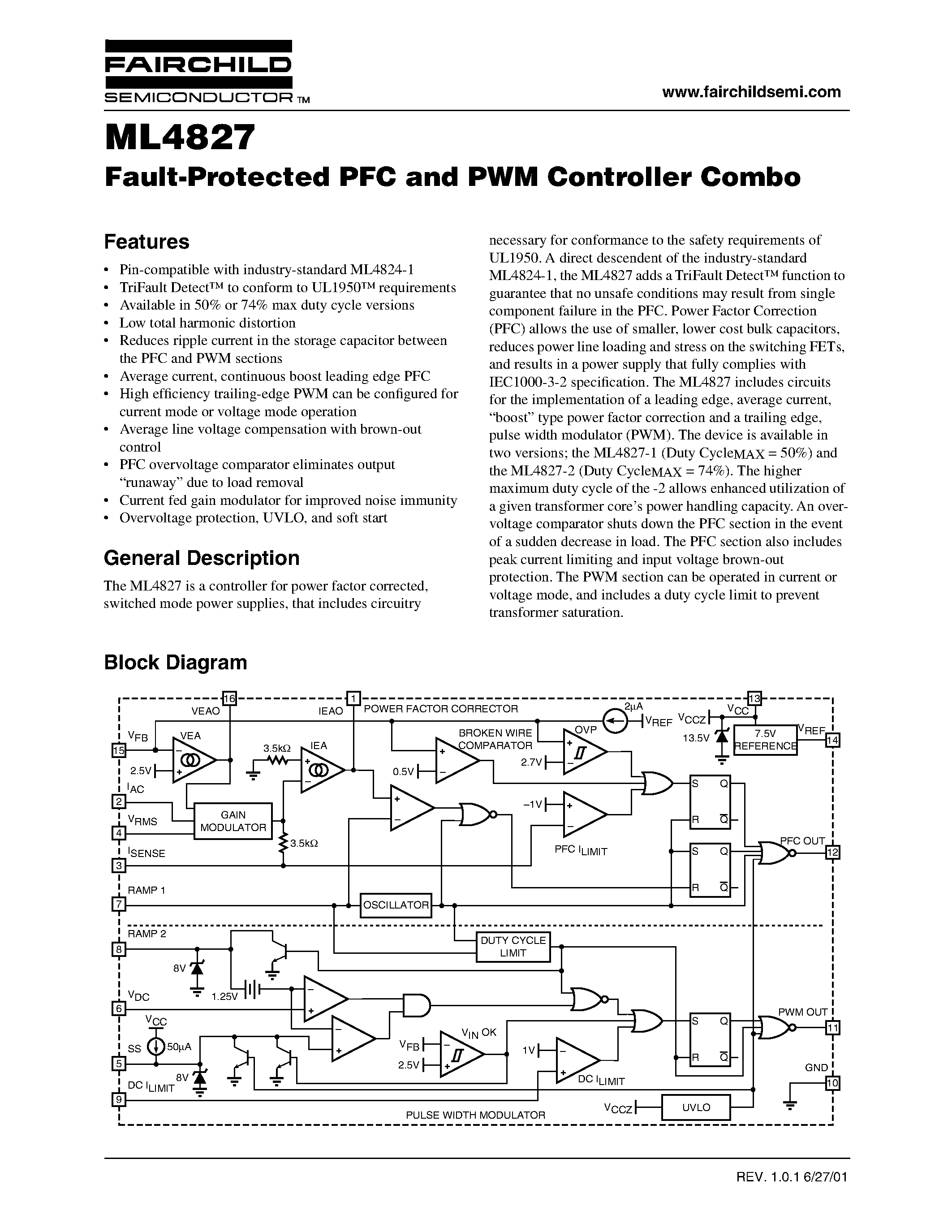 Даташит на микросхему ML4827IP-2 страница 1 Даташит ML4827IP-2 - Fault-Protected PFC and PWM Controller Combo страница 1