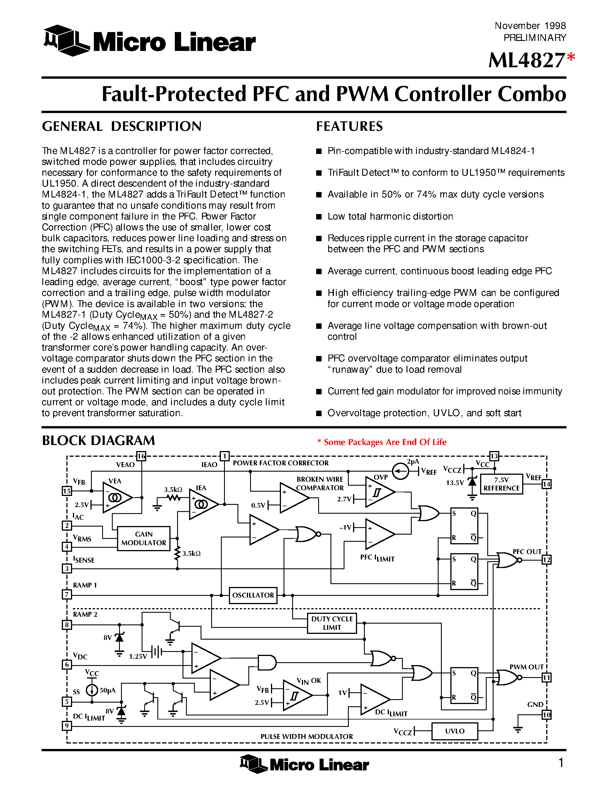 Datasheet ML4827IP-2 - Fault-Protected PFC and PWM Controller Combo page 1