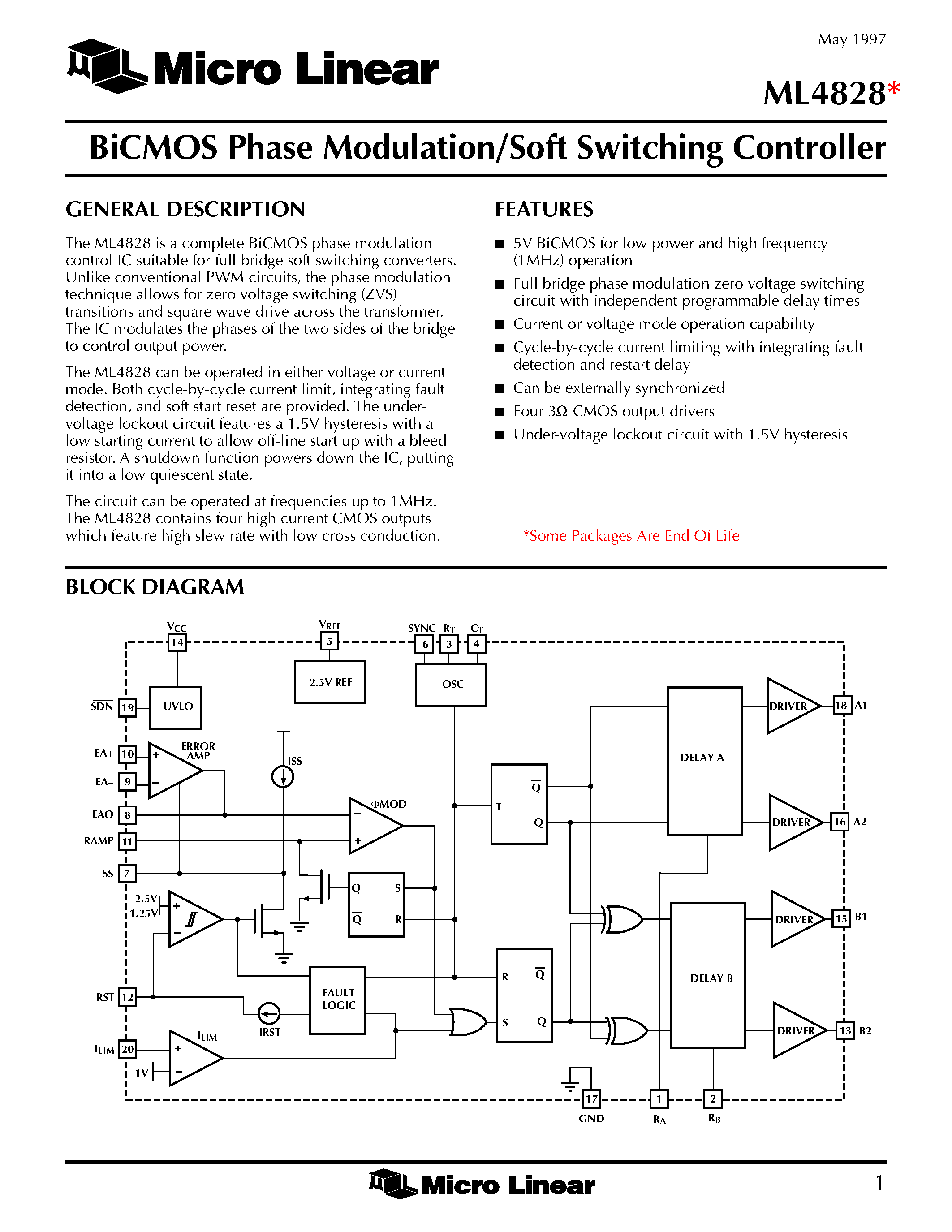 Datasheet ML4828 page 1 Datasheet ML4828 - BiCMOS Phase Modulation/Soft Switching Controller page 1
