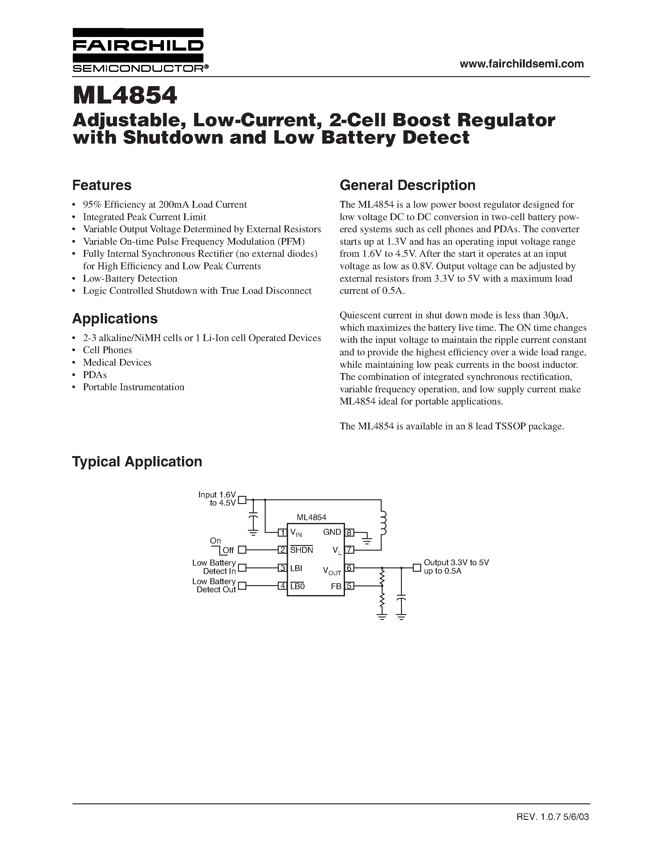 Datasheet ML4854IT - Adjustable / Low-Current / 2-Cell Boost Regulator with Shutdown and Low Battery Detect page 1