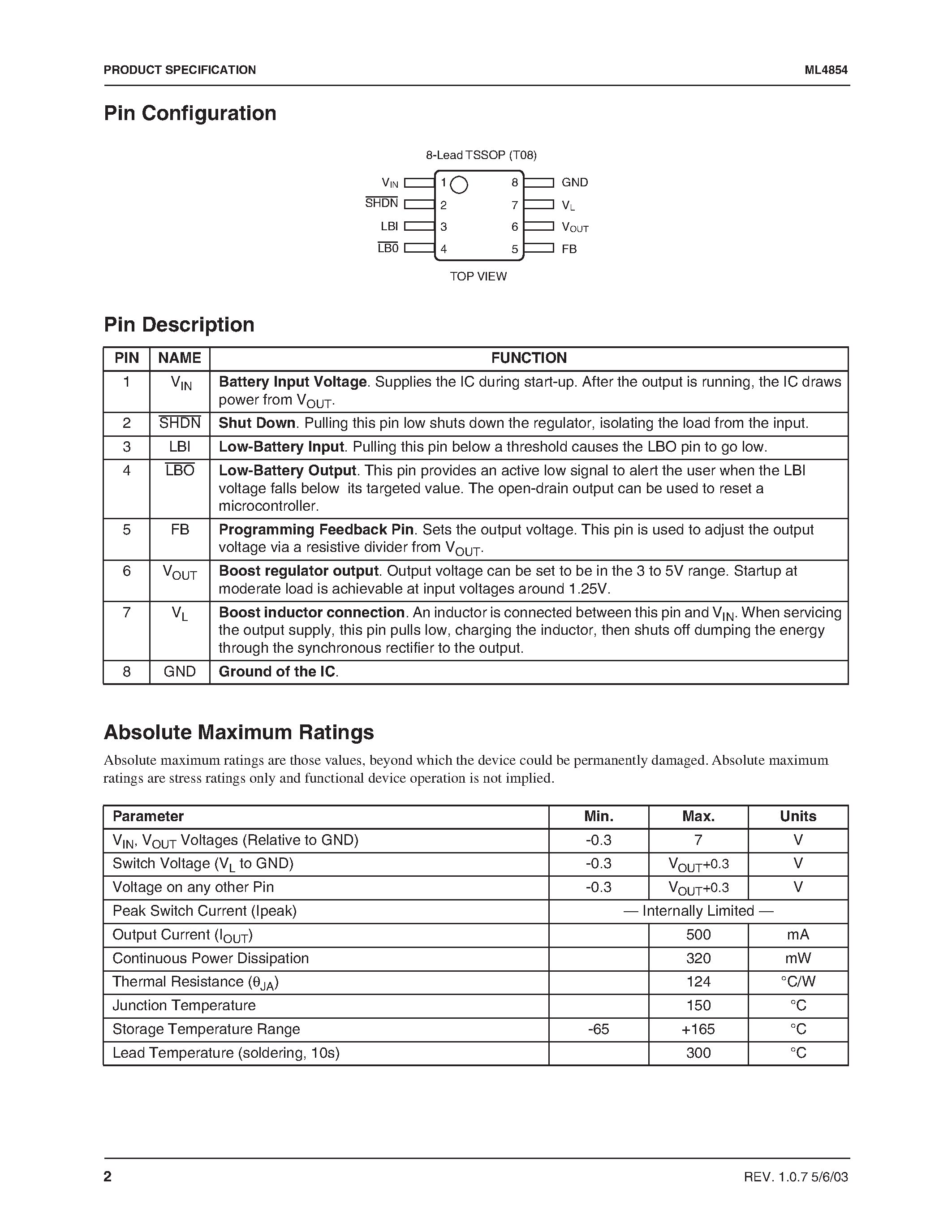Datasheet ML4854IT - Adjustable / Low-Current / 2-Cell Boost Regulator with Shutdown and Low Battery Detect page 2