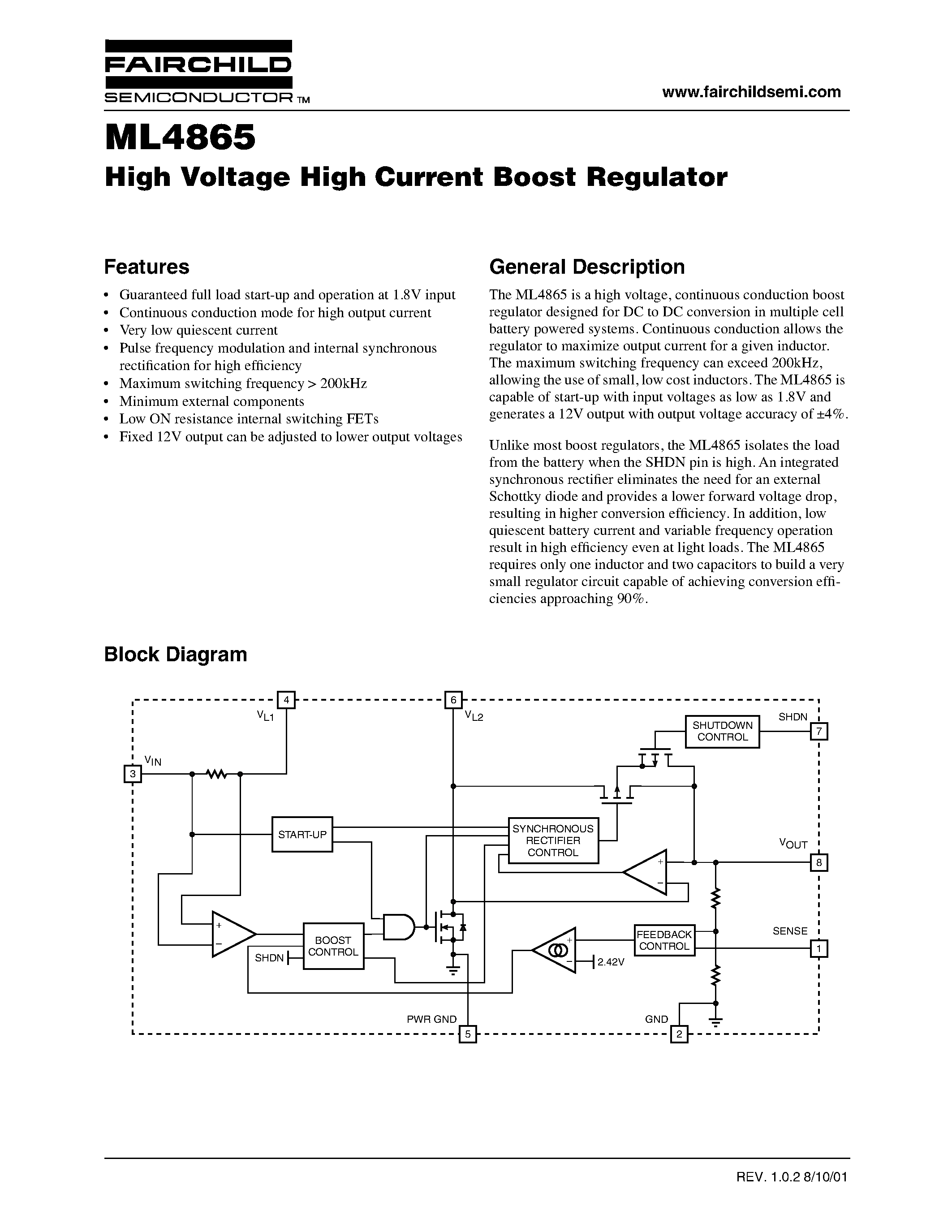 Datasheet ML4865CS-2 - High Voltage High Current Boost Regulator page 1
