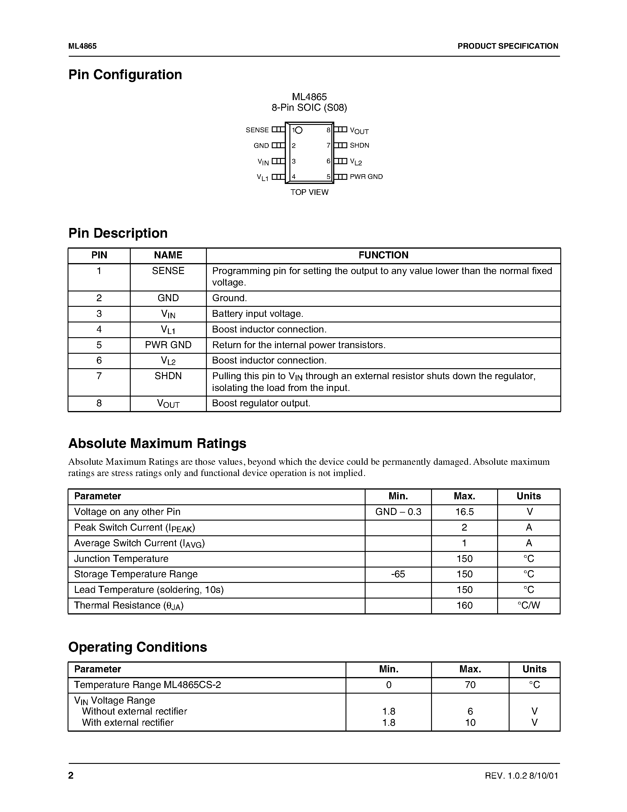 Datasheet ML4865CS-2 - High Voltage High Current Boost Regulator page 2