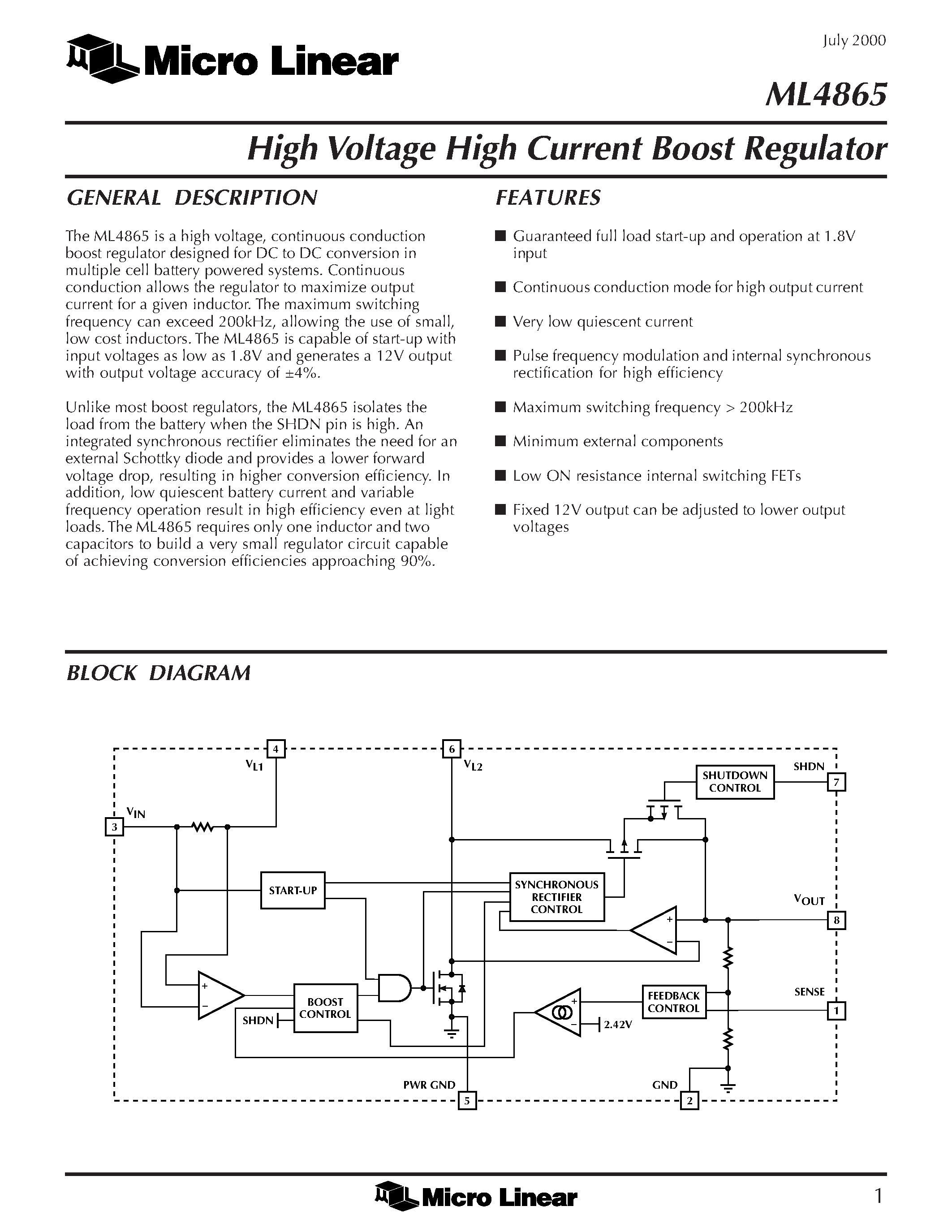 Datasheet ML4865CS-2 - High Voltage High Current Boost Regulator page 1