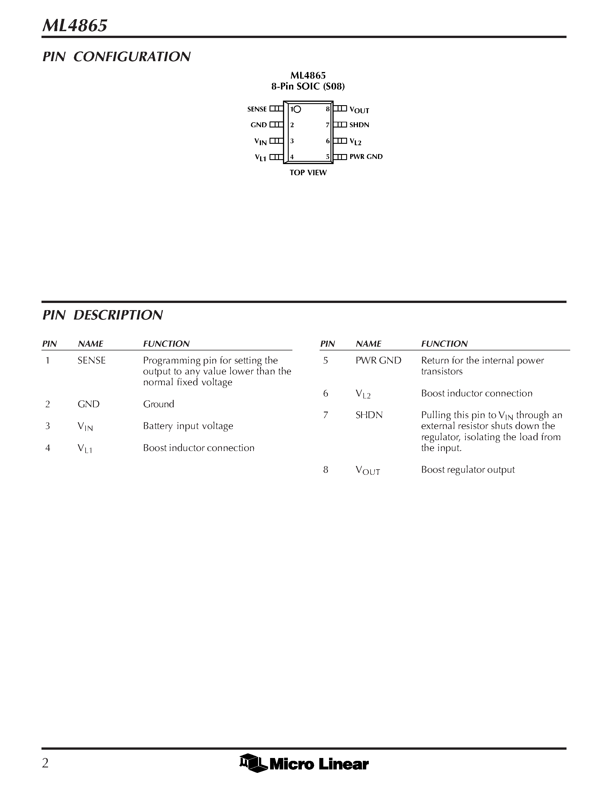 Datasheet ML4865ES-2 - High Voltage High Current Boost Regulator page 2