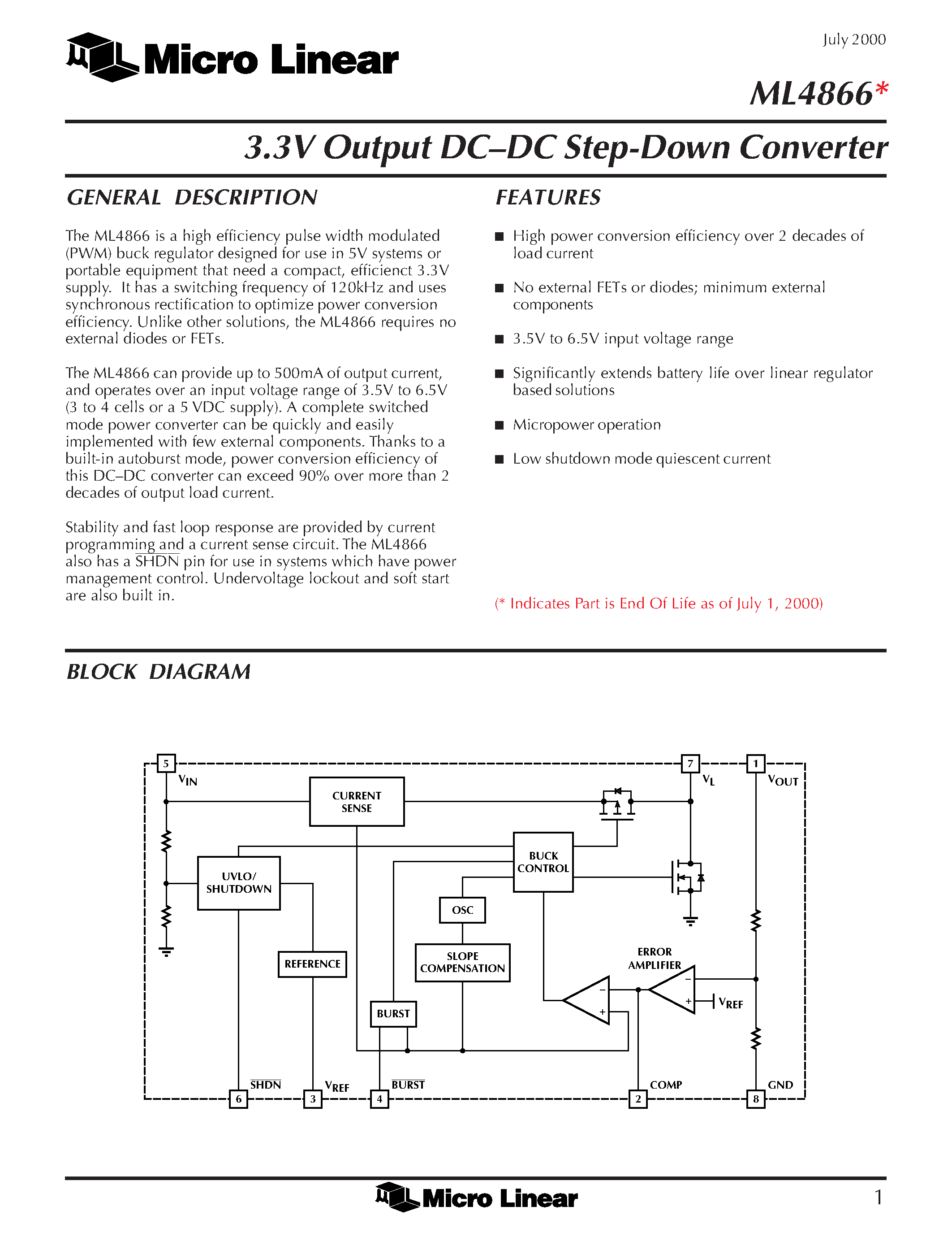 Datasheet ML4866 - 3.3V Output DC-DC Step-Down Converter page 1