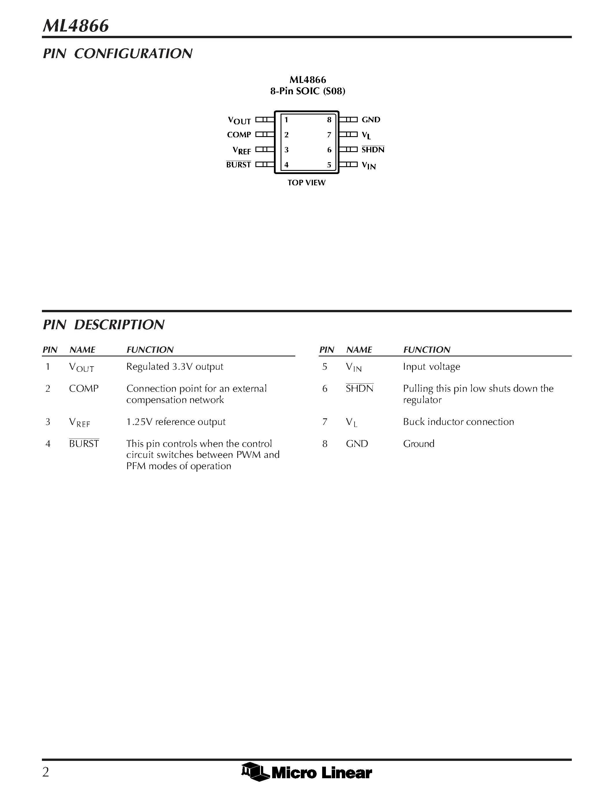 Datasheet ML4866 - 3.3V Output DC-DC Step-Down Converter page 2