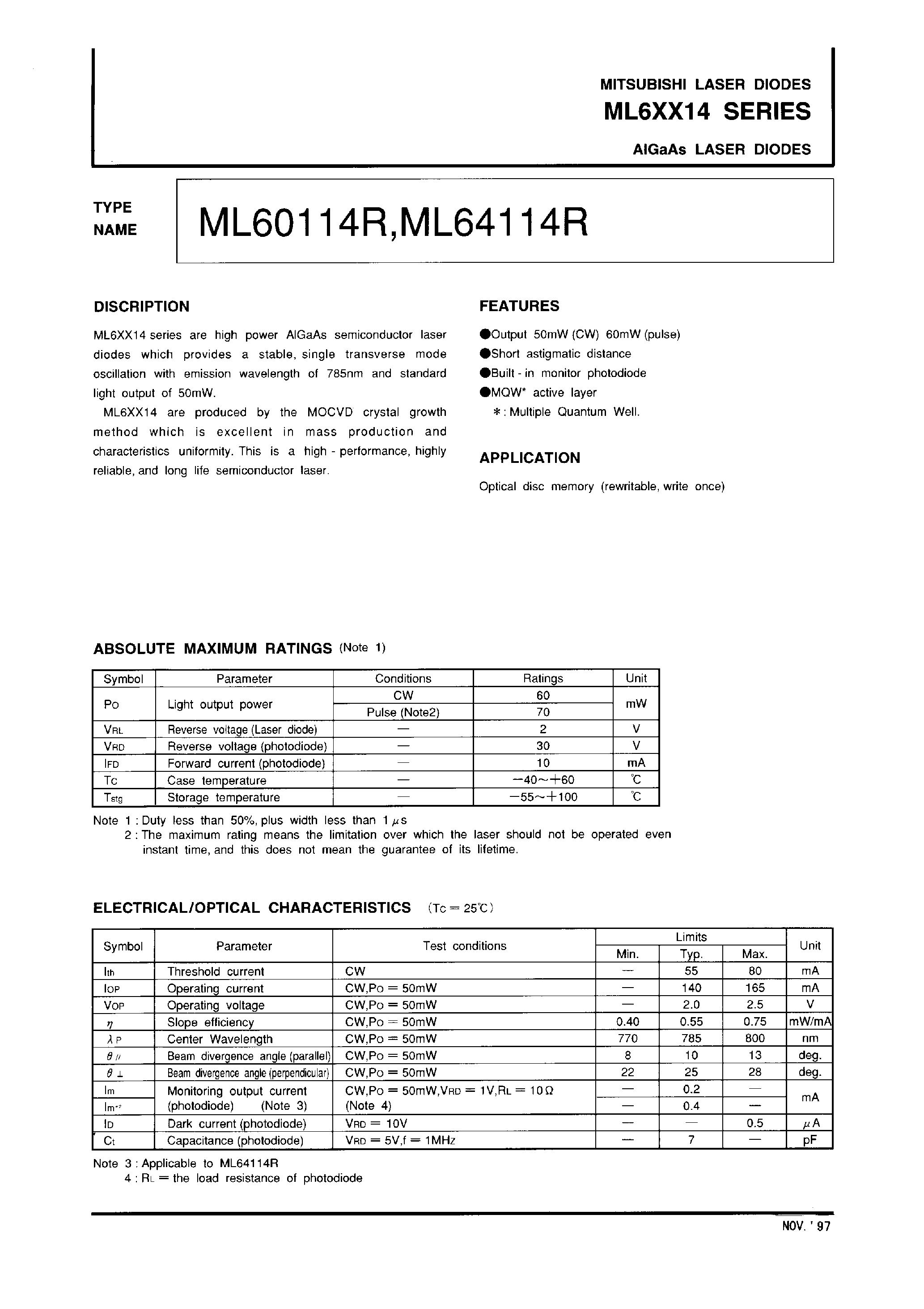 Даташит на микросхему ML60114R страница 1 Даташит ML60114R - AIGaAs LASER DIODES страница 1