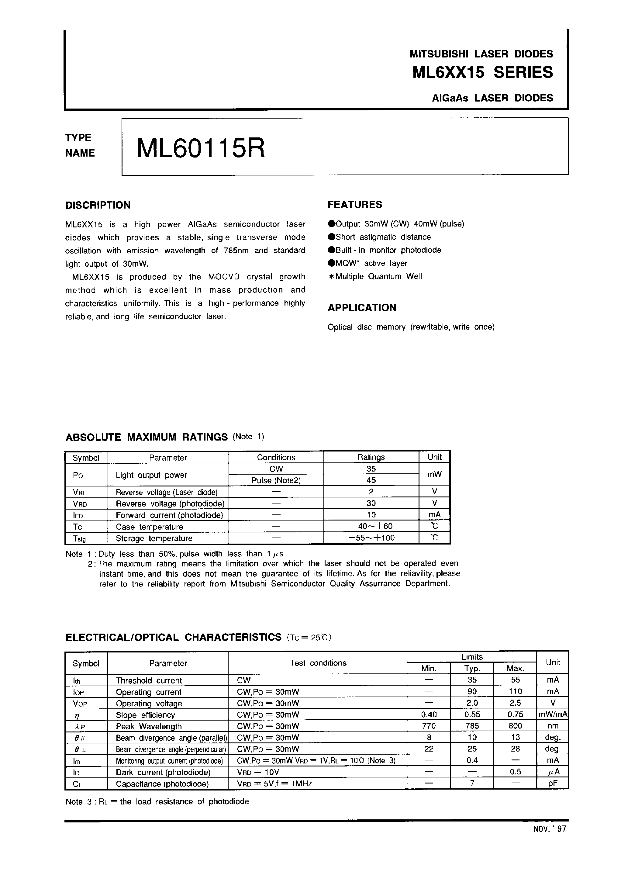 Даташит на микросхему ML60115R страница 1 Даташит ML60115R - AIGaAs LASER DIODES страница 1