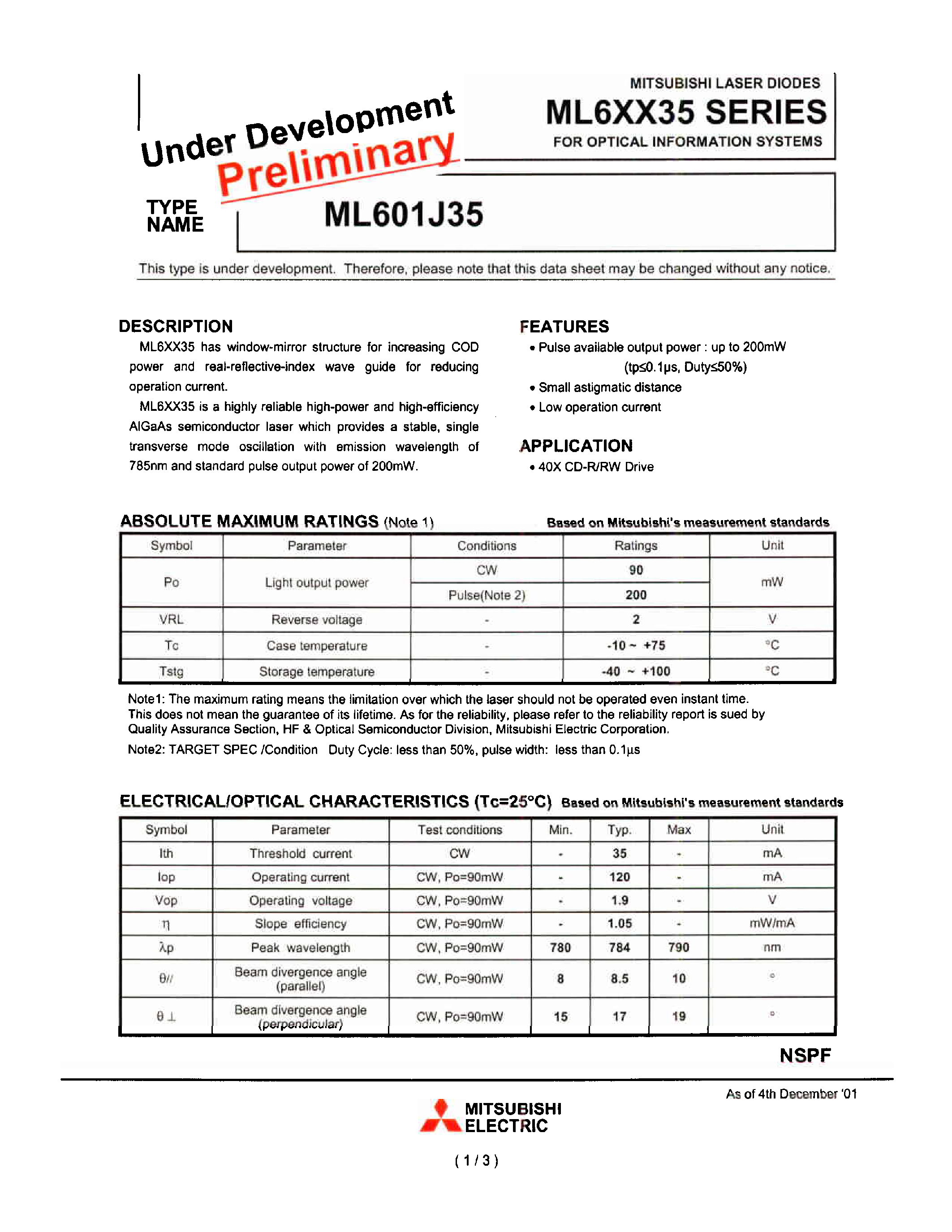 Даташит ML601J35 - LASER DIODES страница 1