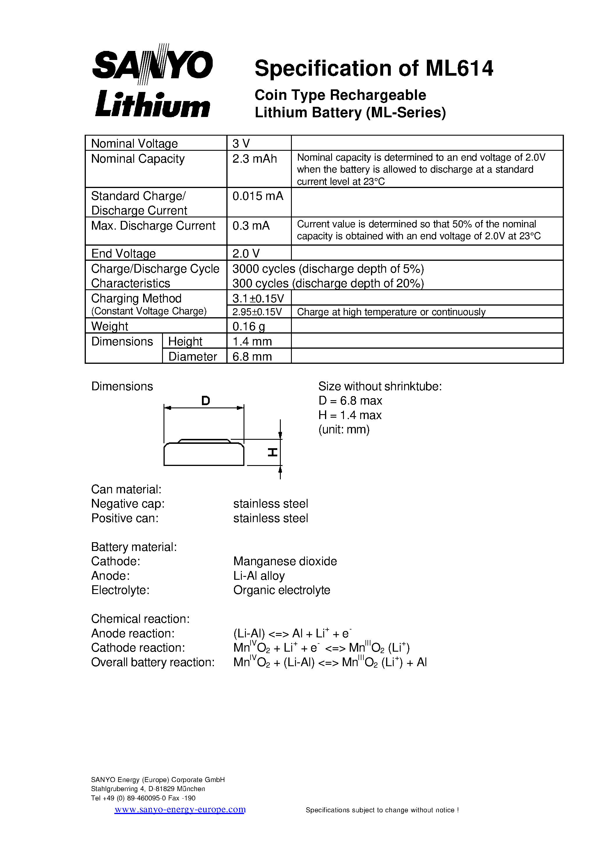 Datasheet ML614 - Coin Type Rechargeable Lithium Battery page 1