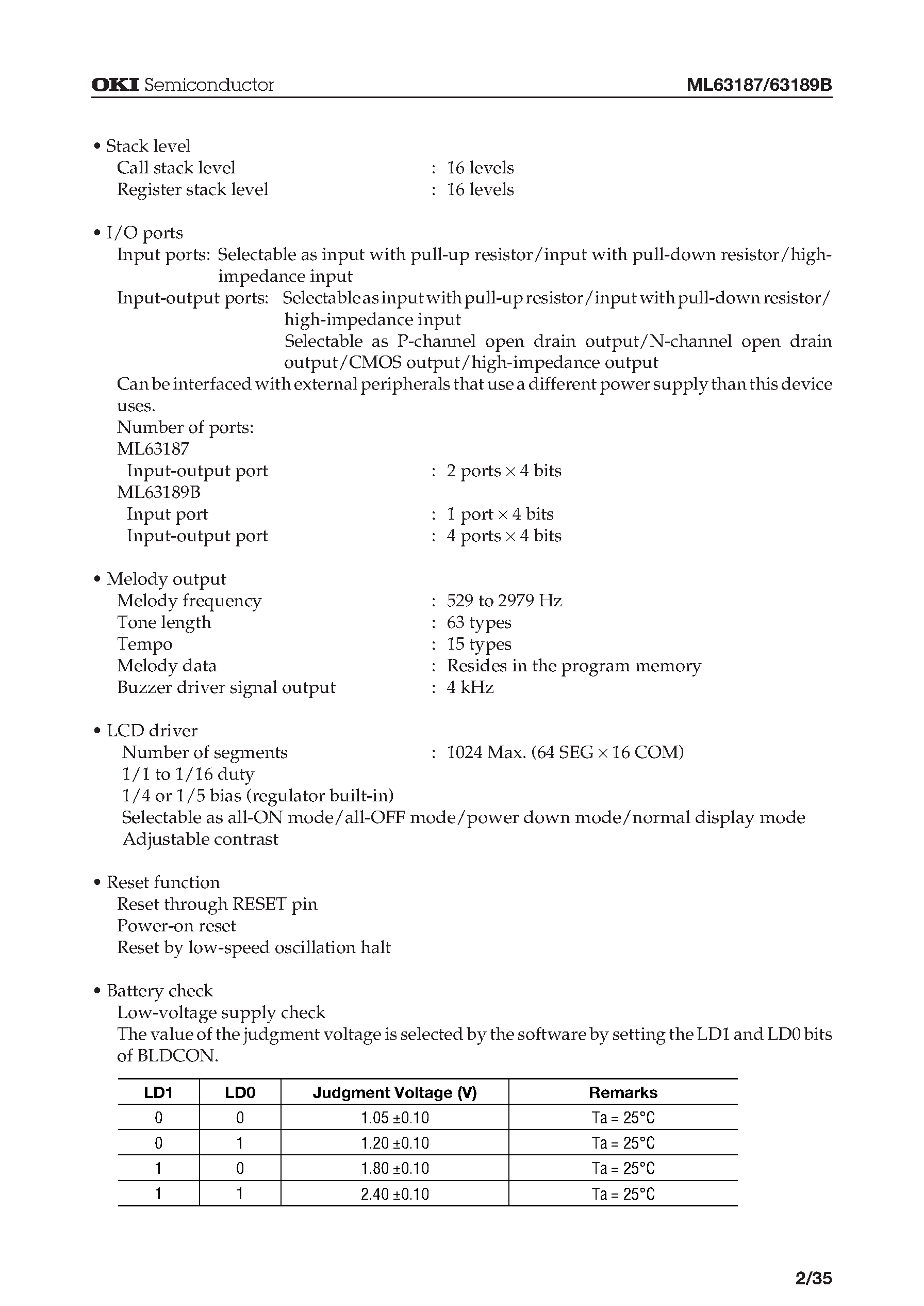 Datasheet ML63189B - 4-Bit Microcontroller with Built-in 1024-Dot Matrix LCD Drivers and Melody Circuit / Operating at 0.9 V (Min). page 2