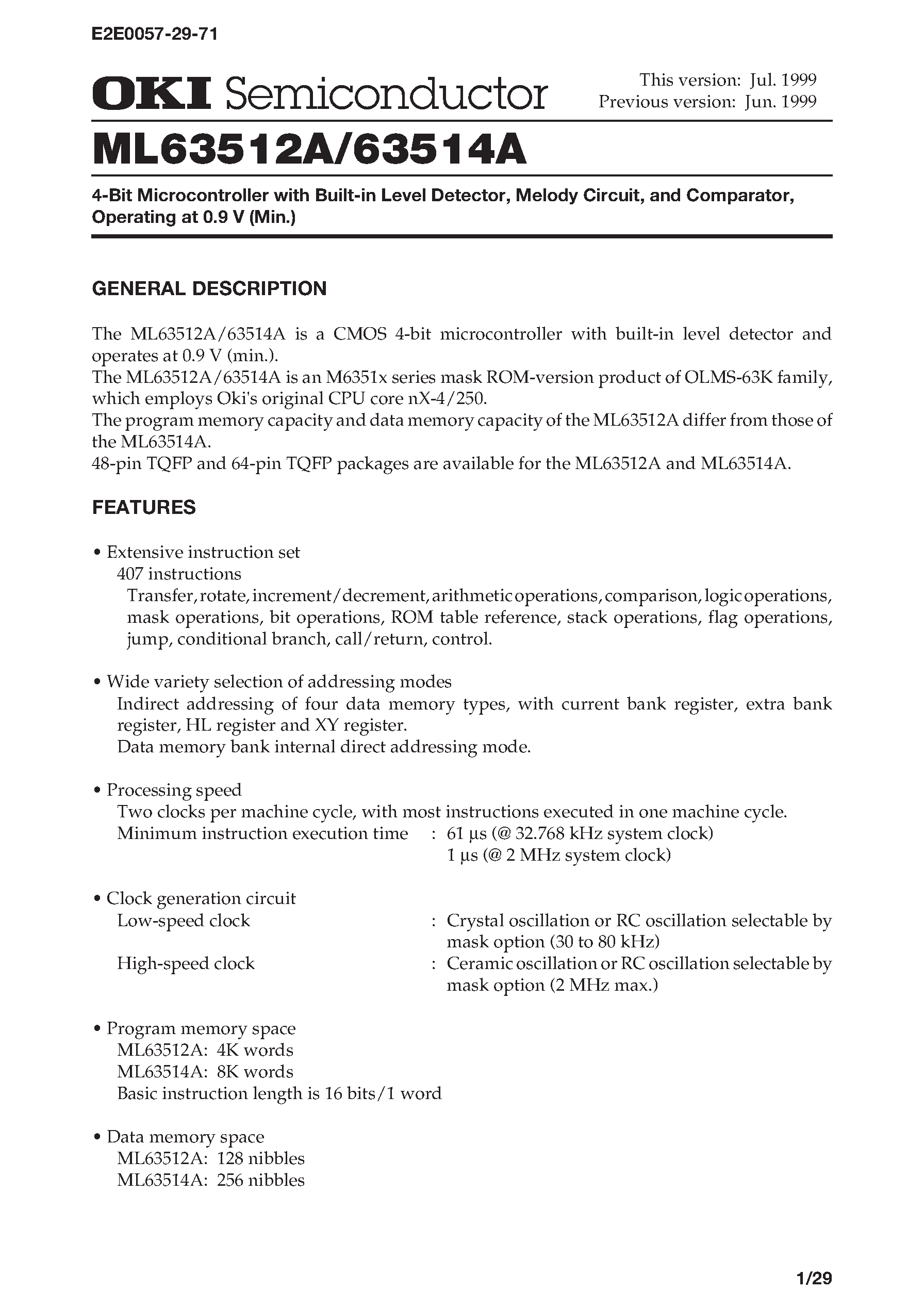 Datasheet ML63512A - 4-Bit Microcontroller with Built-in Level Detector / Melody Circuit / and Comparator /Operating at 0.9 V (Min.) page 1