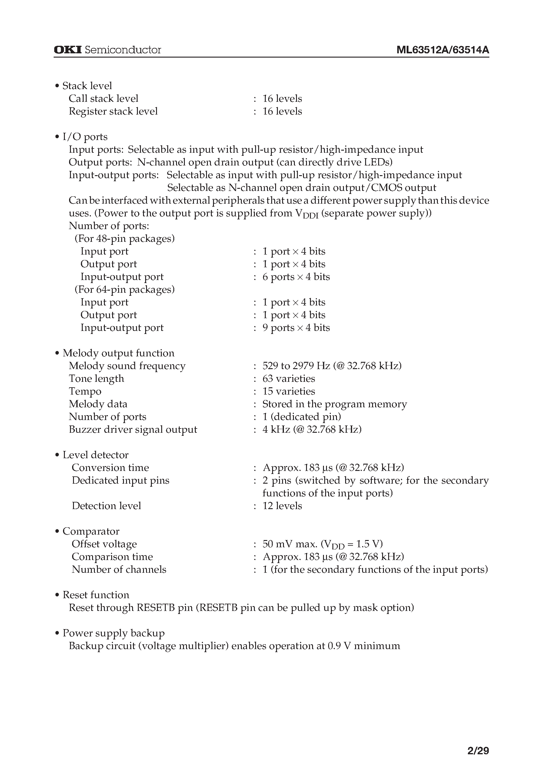 Datasheet ML63512A - 4-Bit Microcontroller with Built-in Level Detector / Melody Circuit / and Comparator /Operating at 0.9 V (Min.) page 2