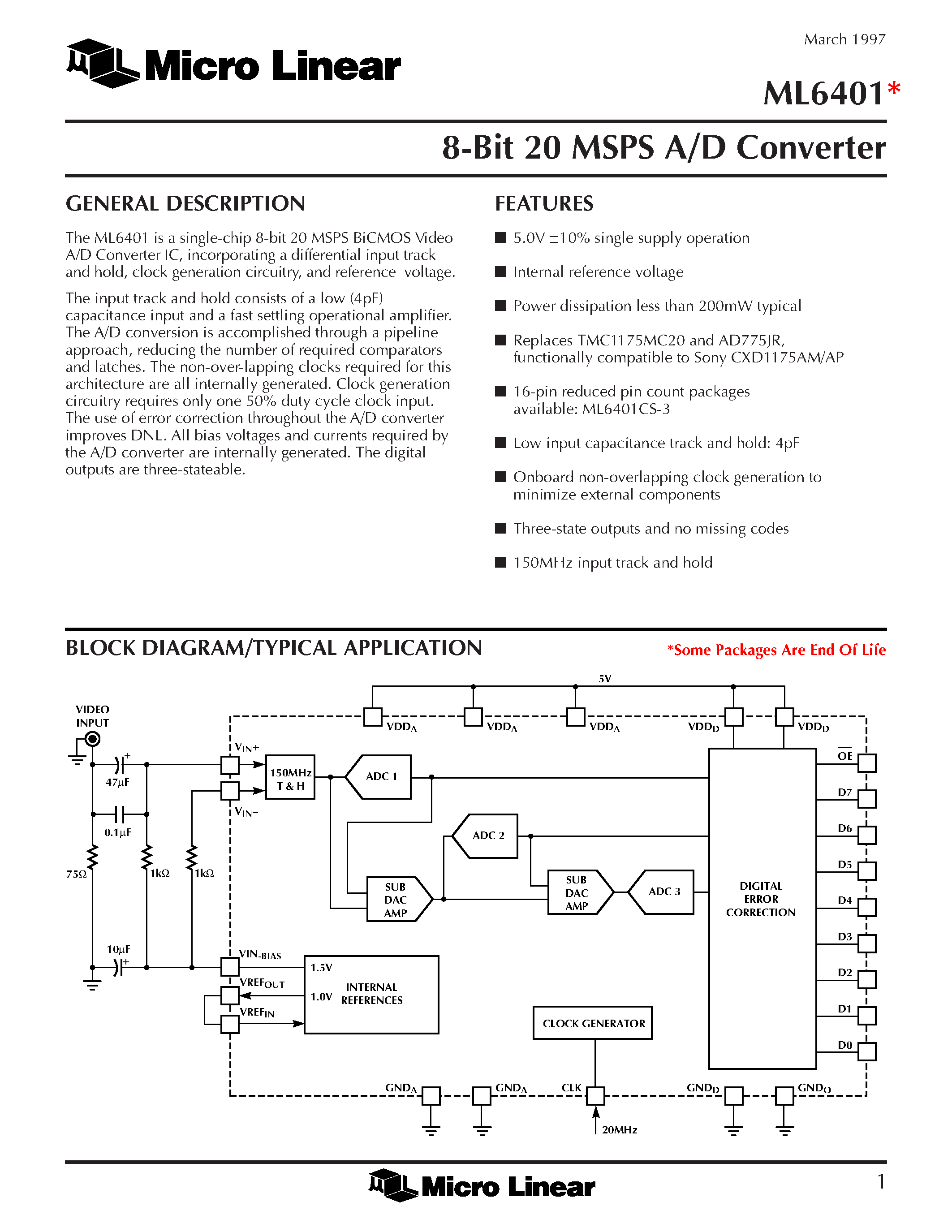 Даташит ML6401CS-1 - 8-Bit 20 MSPS A/D Converter страница 1