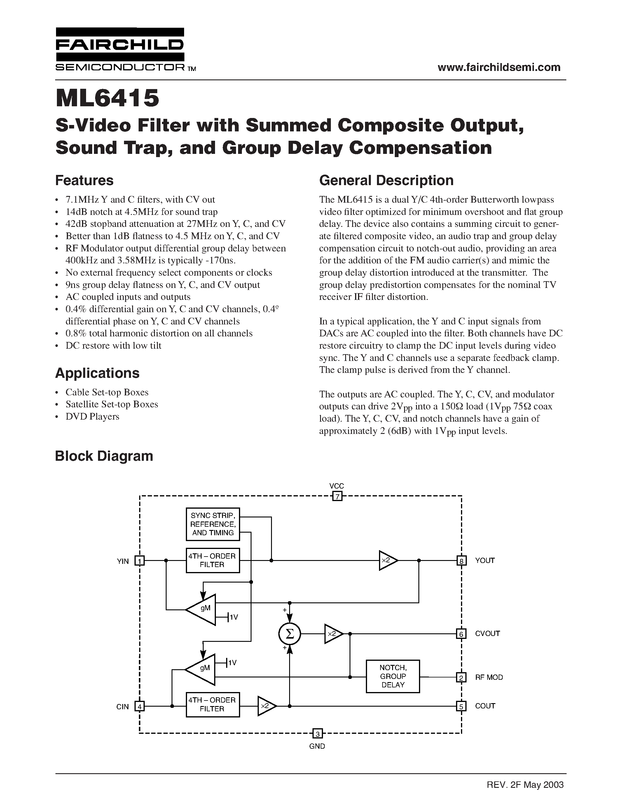 Datasheet ML6415 - S-Video Filter with Summed Composite Output / Sound Trap / and Group Delay Compensation page 1