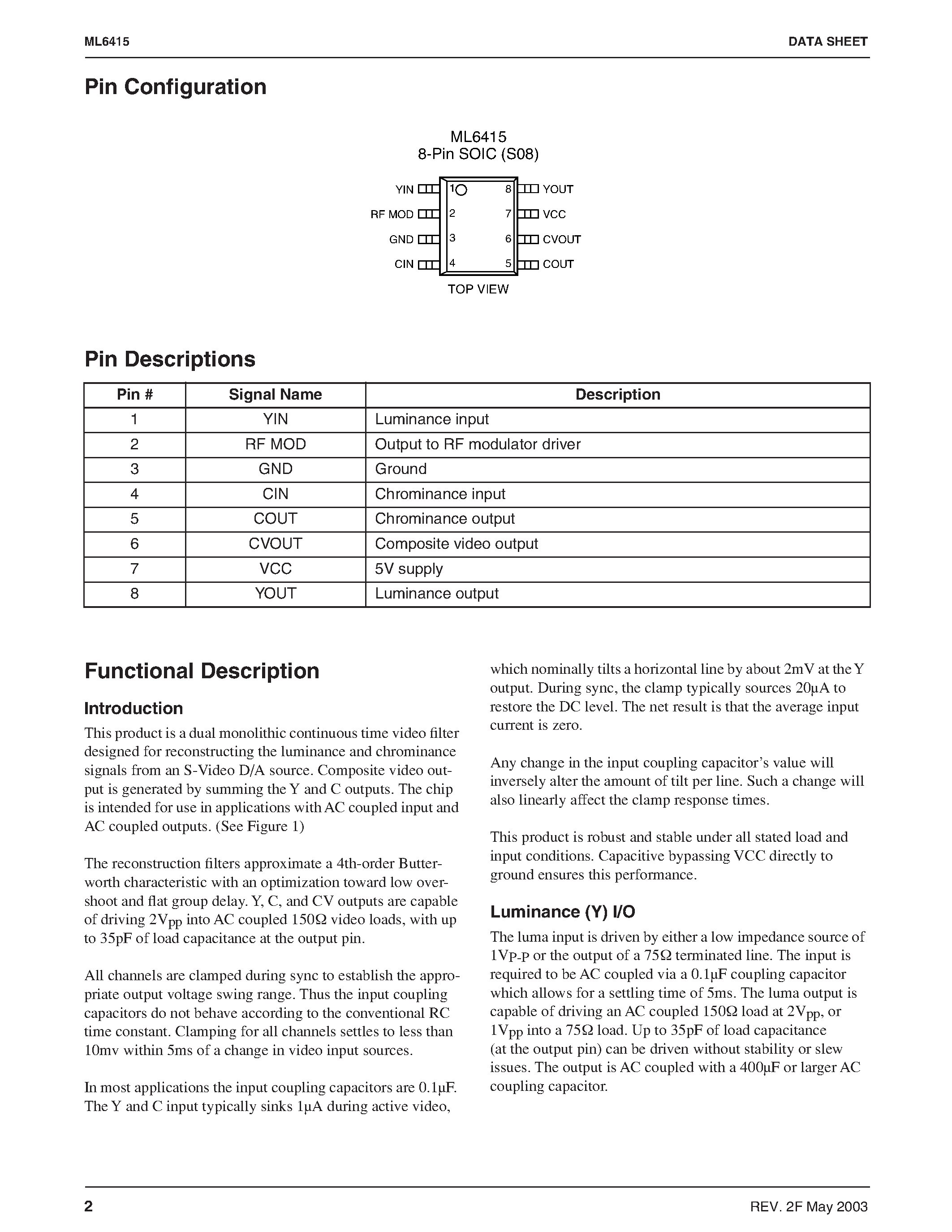 Datasheet ML6415 - S-Video Filter with Summed Composite Output / Sound Trap / and Group Delay Compensation page 2