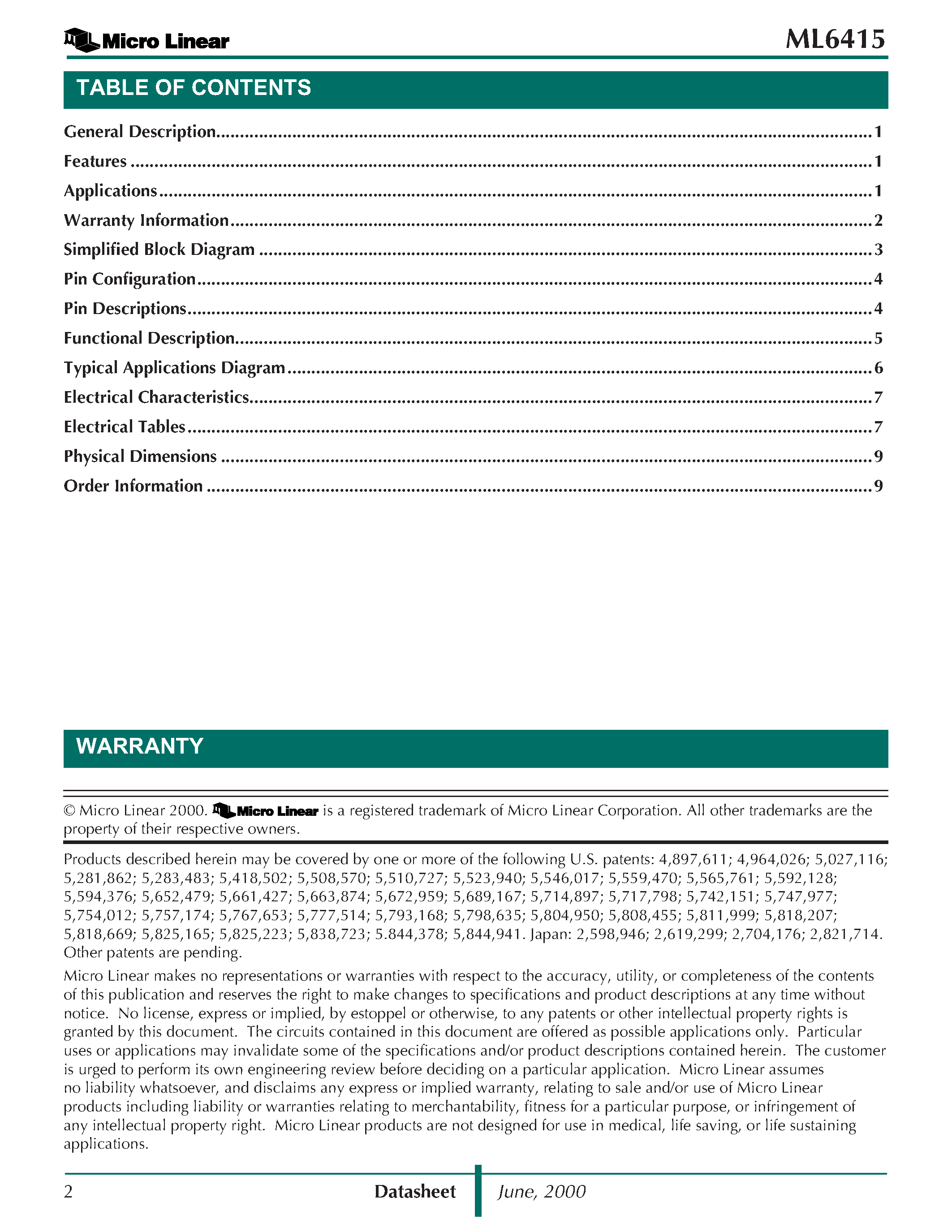 Datasheet ML6415CS page 2 Datasheet ML6415CS - ML6415 S-Video Filter with Summed Composite Output / Sound Trap / and Group Delay Compensation page 2