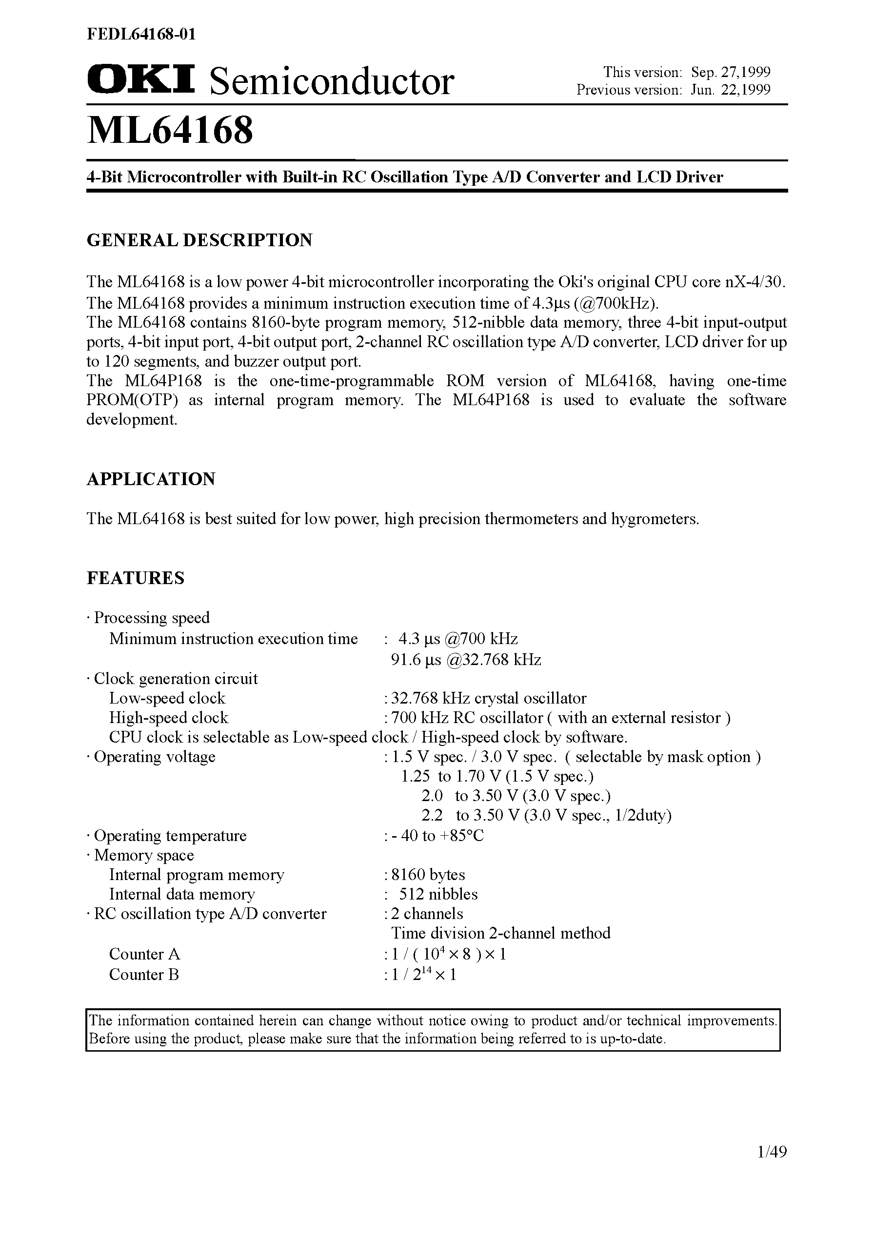 Datasheet ML64168 - 4-Bit Microcontroller with Built-in RC Oscillation Type A/D Converter and LCD Driver page 1
