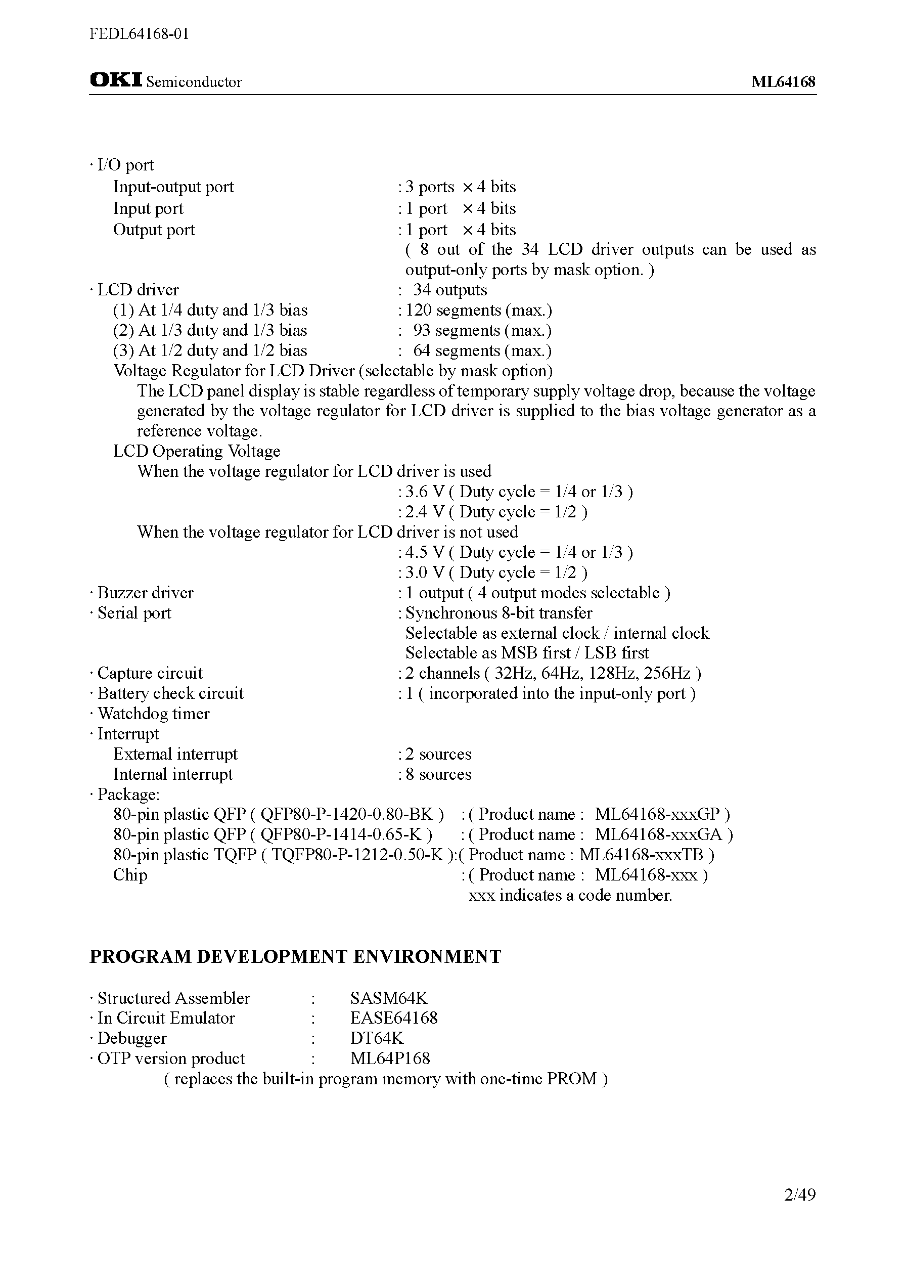 Datasheet ML64168 - 4-Bit Microcontroller with Built-in RC Oscillation Type A/D Converter and LCD Driver page 2