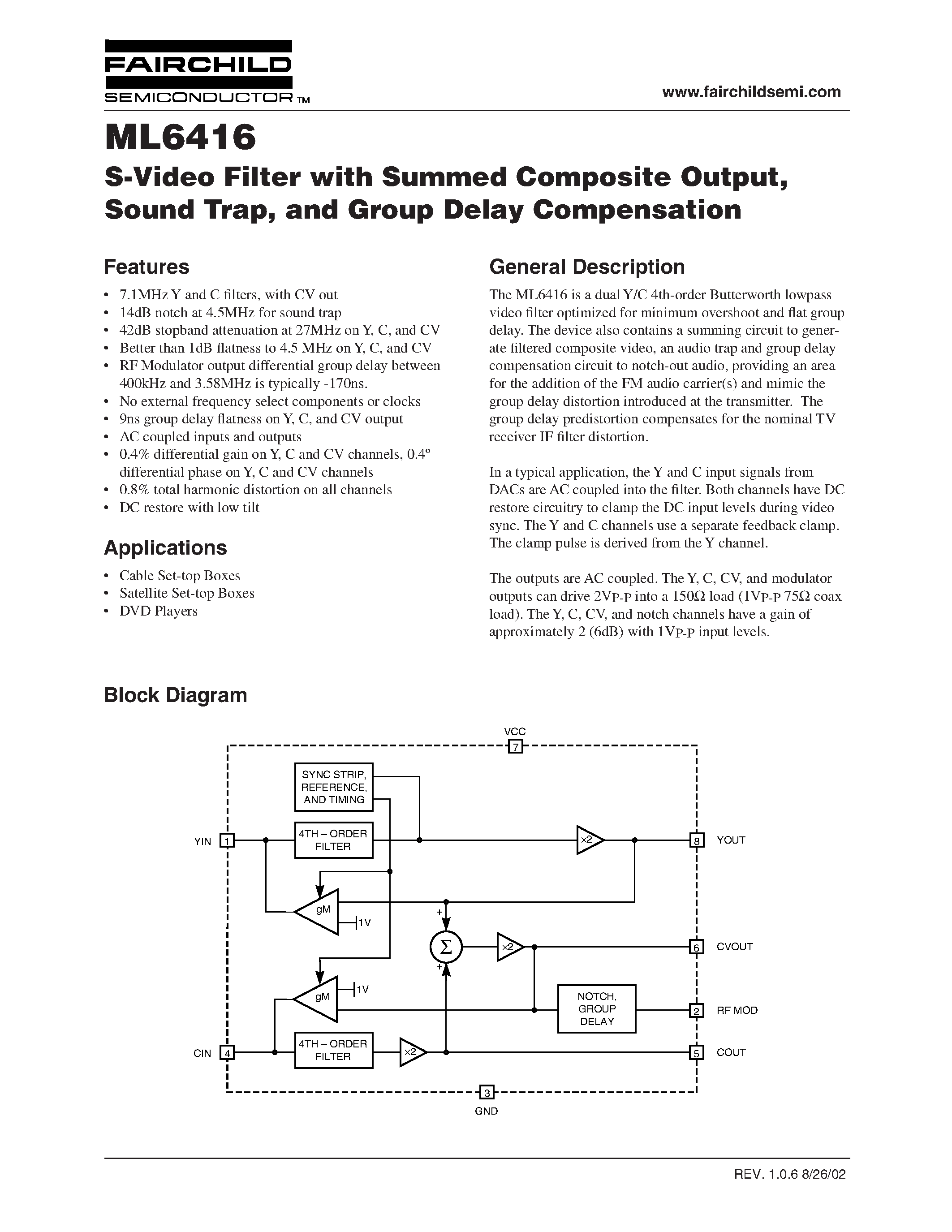 Datasheet ML6416CS - S-Video Filter with Summed Composite Output / Sound Trap / and Group Delay Compensation page 1