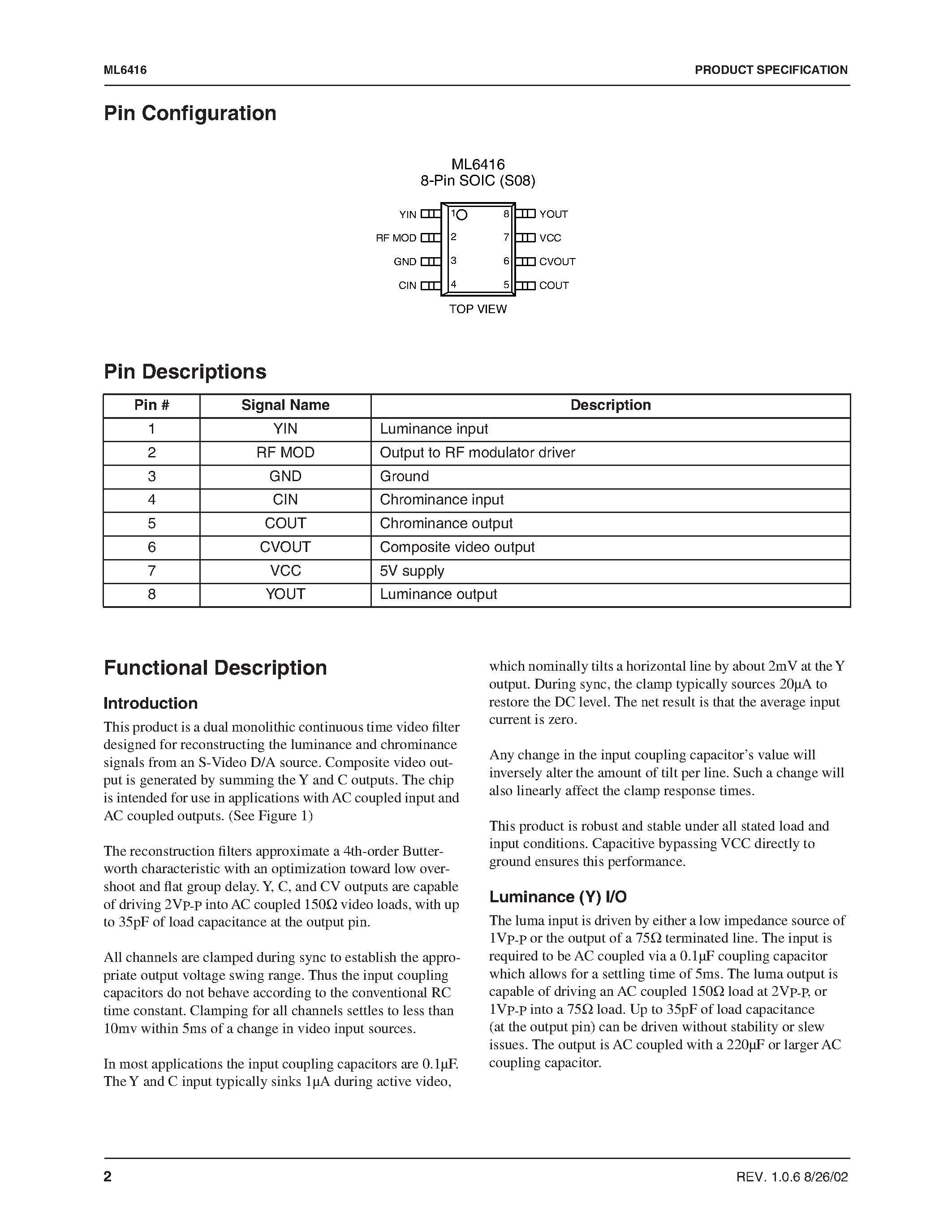 Datasheet ML6416CS - S-Video Filter with Summed Composite Output / Sound Trap / and Group Delay Compensation page 2