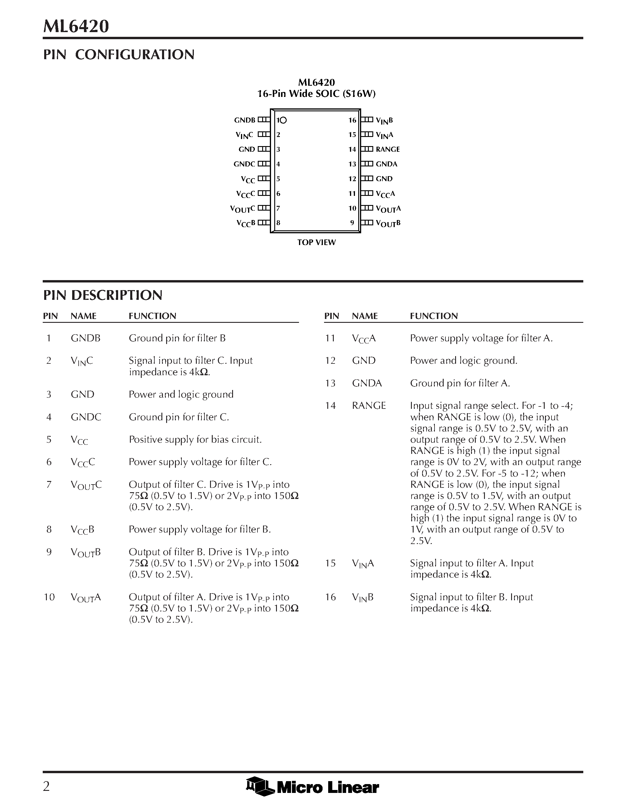 Datasheet ML6420CS-3 - Triple/Dual Phase-Equalized / Low-Pass Video Filter page 2
