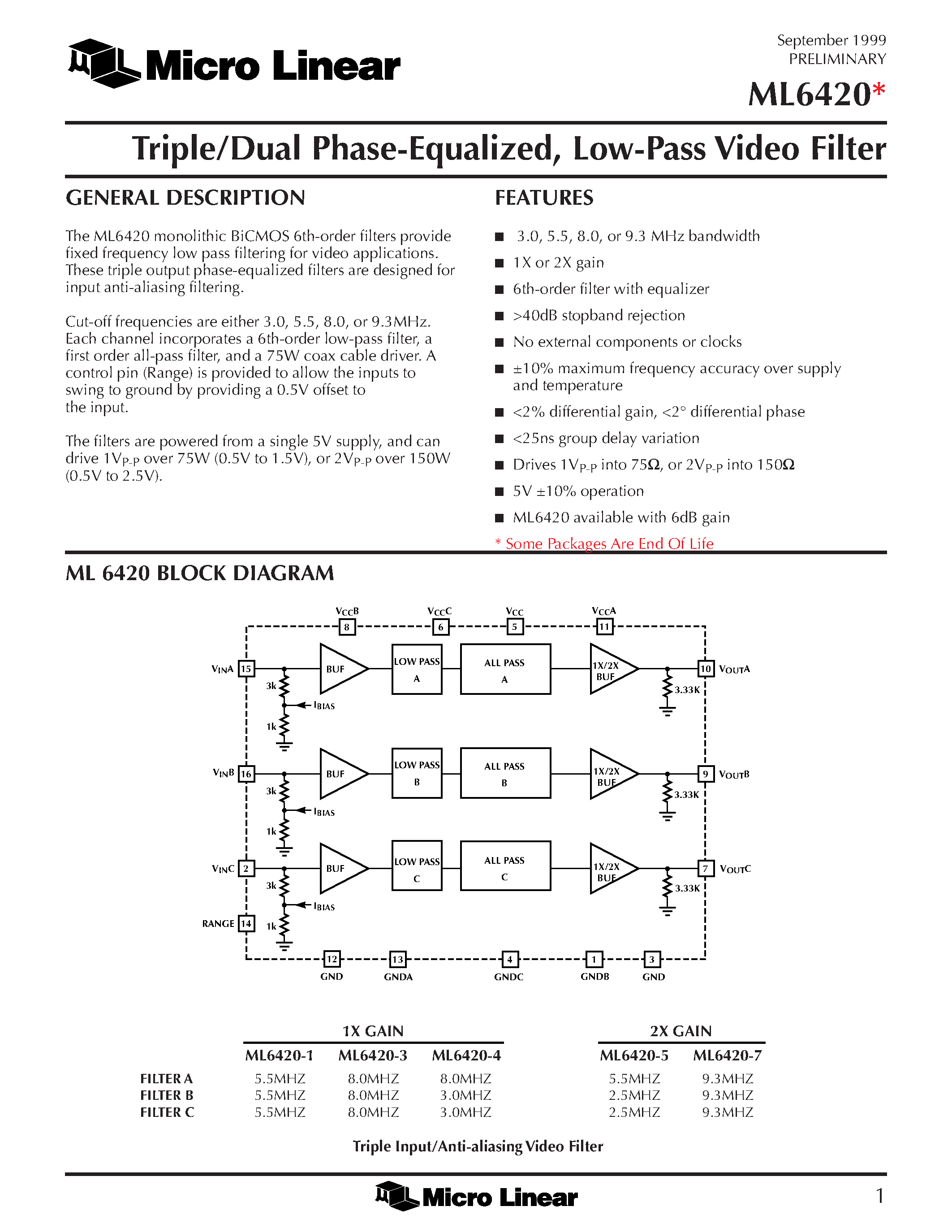 Datasheet ML6420CS-5 - Triple/Dual Phase-Equalized / Low-Pass Video Filter page 1